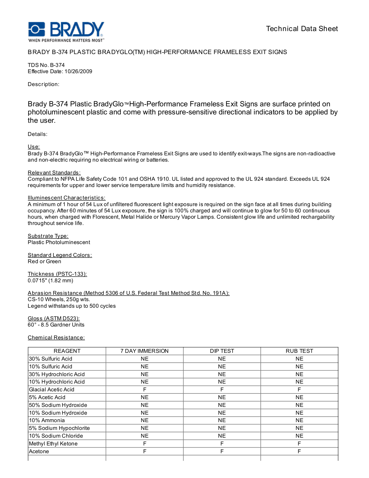 Brady B-374 Technical Data