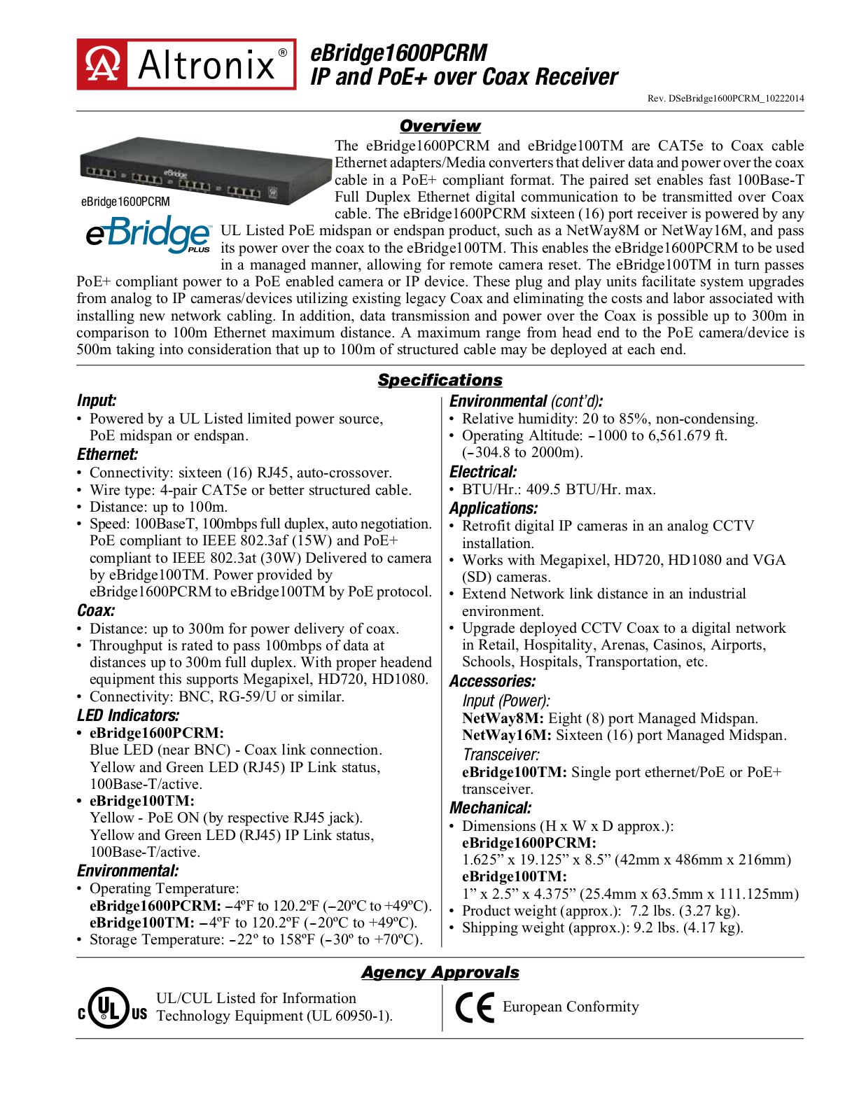 Altronix EBRIDGE1600PCRM Specsheet