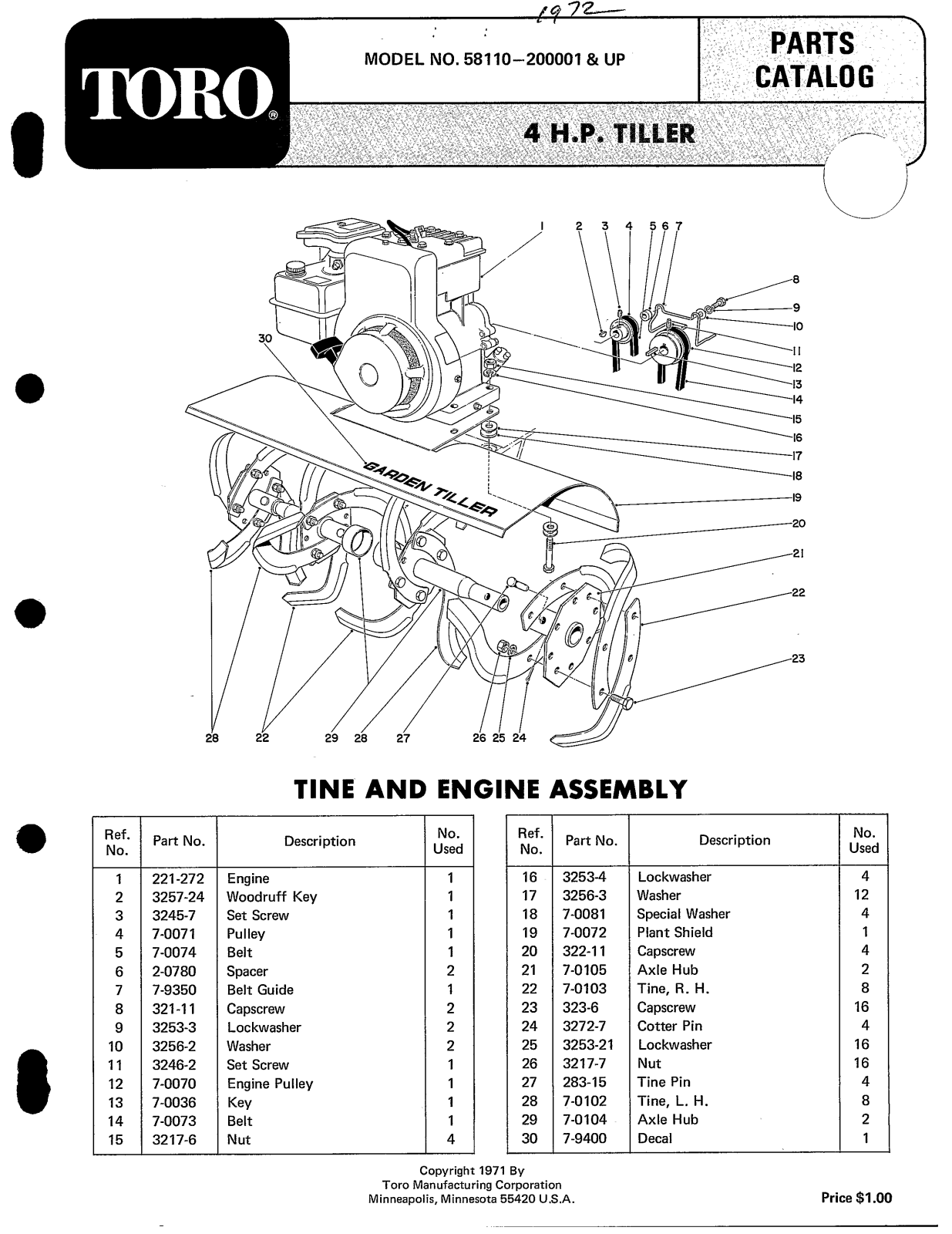 Toro 58110 Parts Catalogue