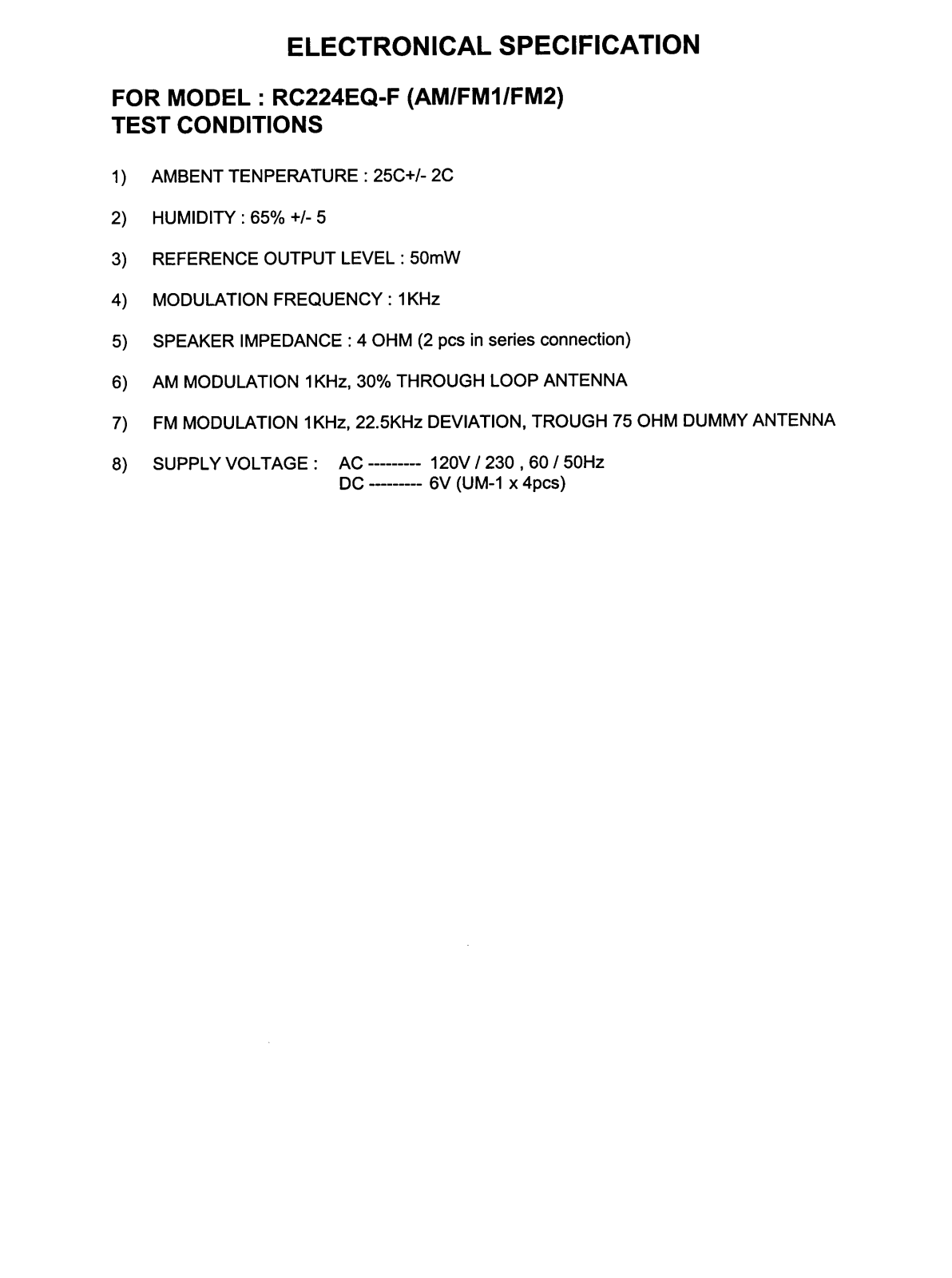 Vitek RC224EQ-F ELECTRONICAL SPECIFICATION