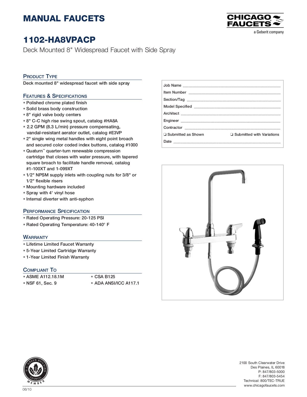 Chicago Faucet 1102-HA8VPA Specifications