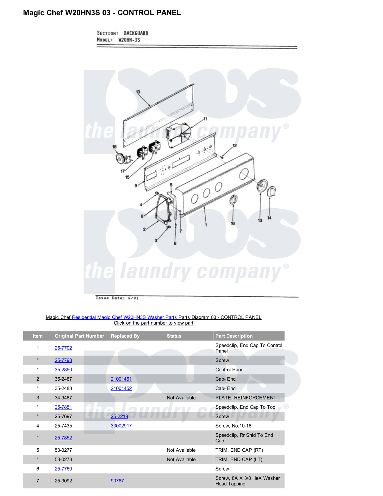 Magic Chef W20HN3S Parts Diagram