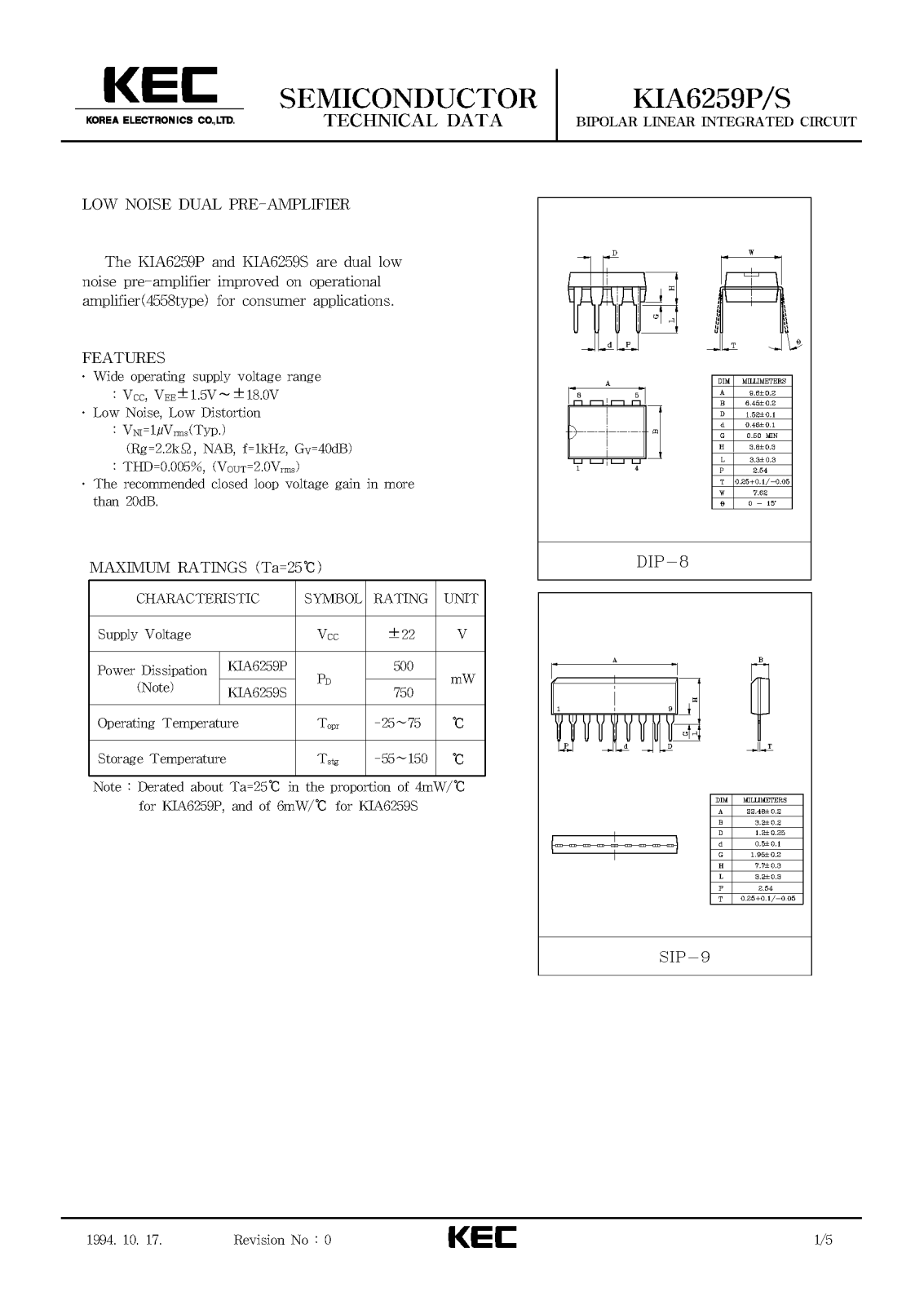 KEC KIA6259S, KIA6259P Datasheet