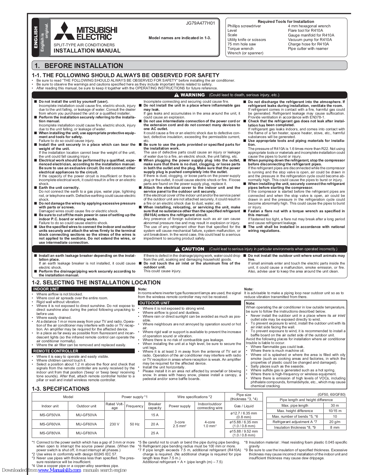 Mitsubishi JG79A477H01 Installation Manual