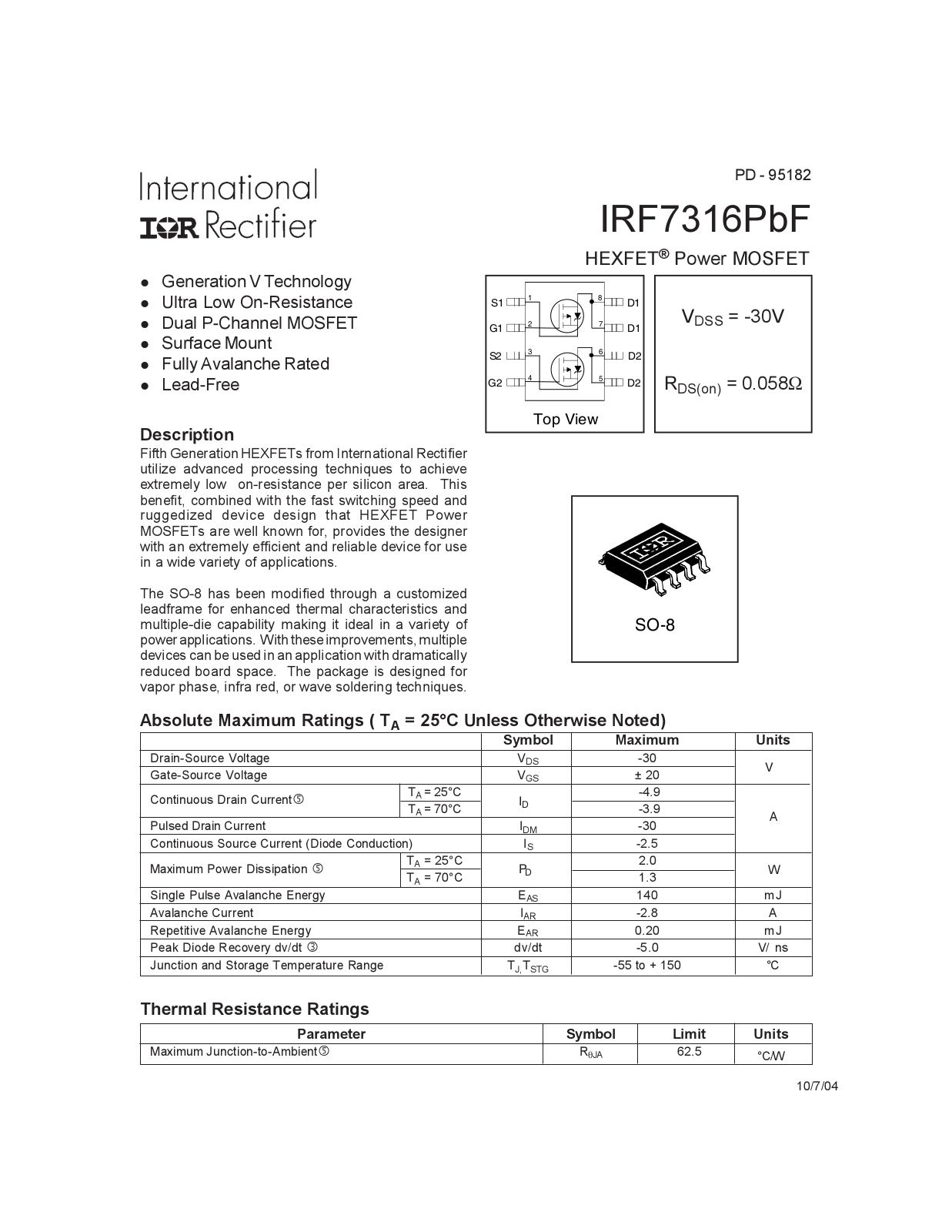 Datasheet IRF7316PBF Datasheet - ManualMachine.com