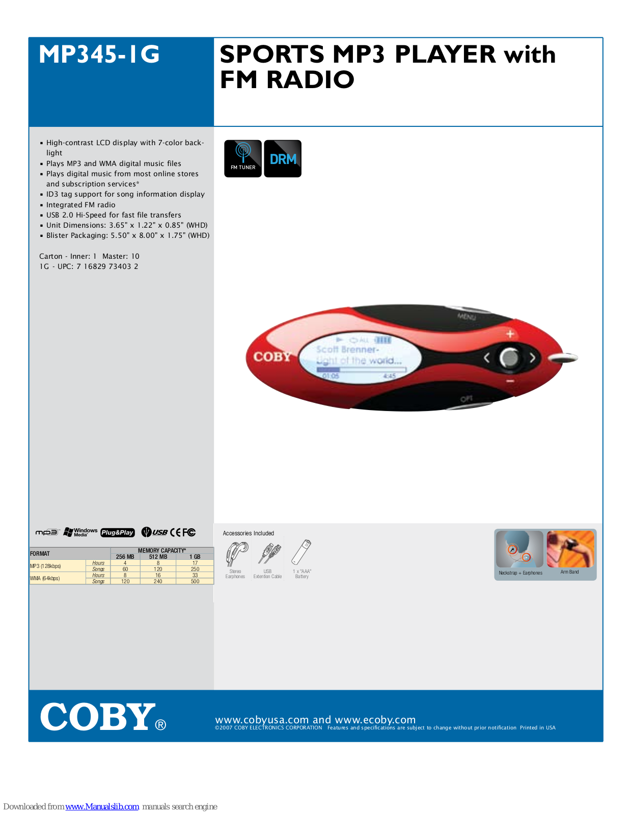 Coby MP345-IG, MP-345 1GB, MP345-1G Specifications