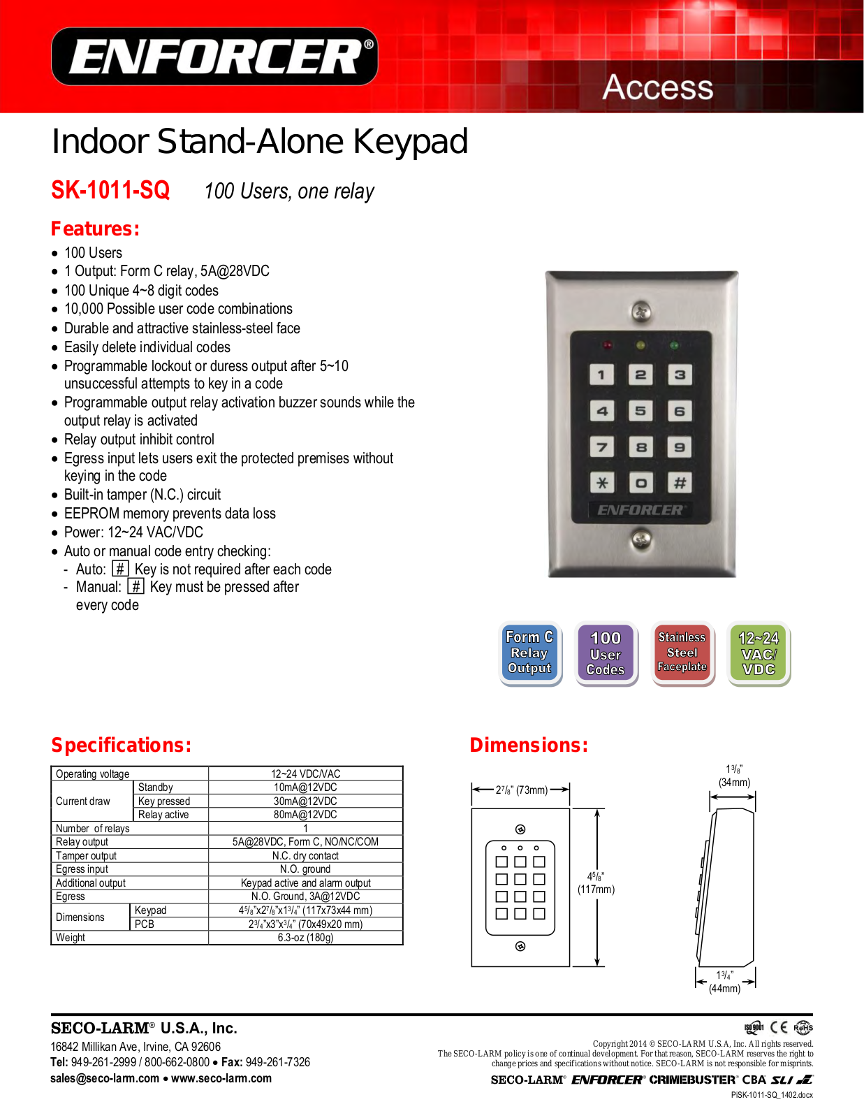 Seco-Larm SK-1011-SQ Specsheet