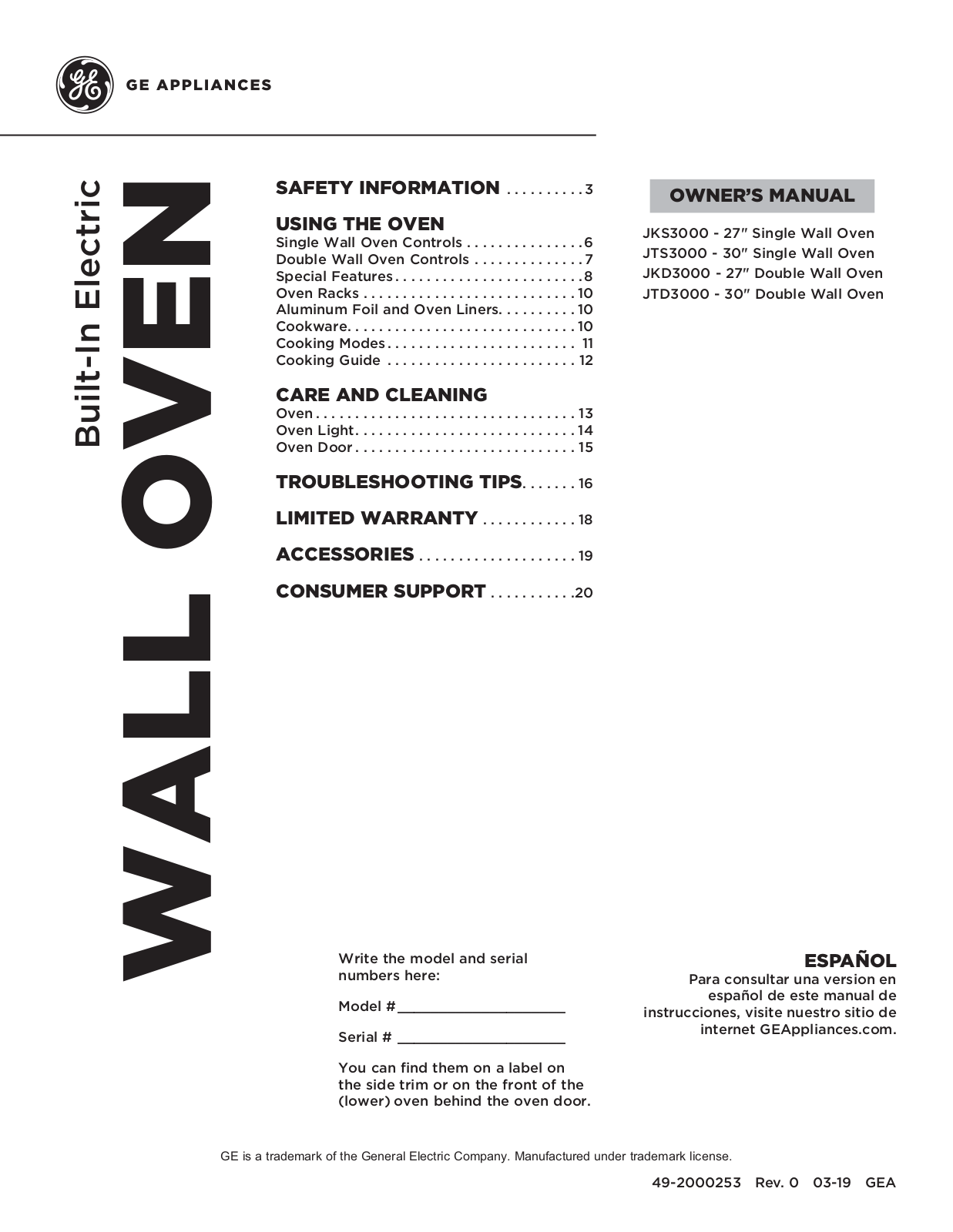 GE JTS3000SN1SS, JTS3000EN1ES, JTS3000DN1WW, JTD3000SN1SS, JTD3000EN1ES Owner’s Manual