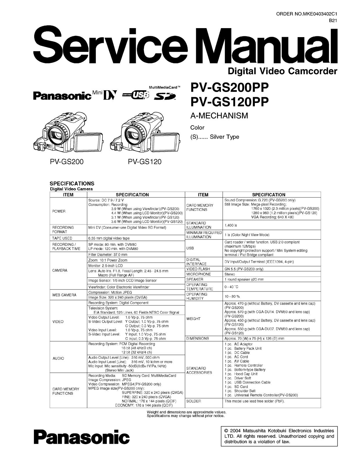 Panasonic PV-GS120 PP Service Manual