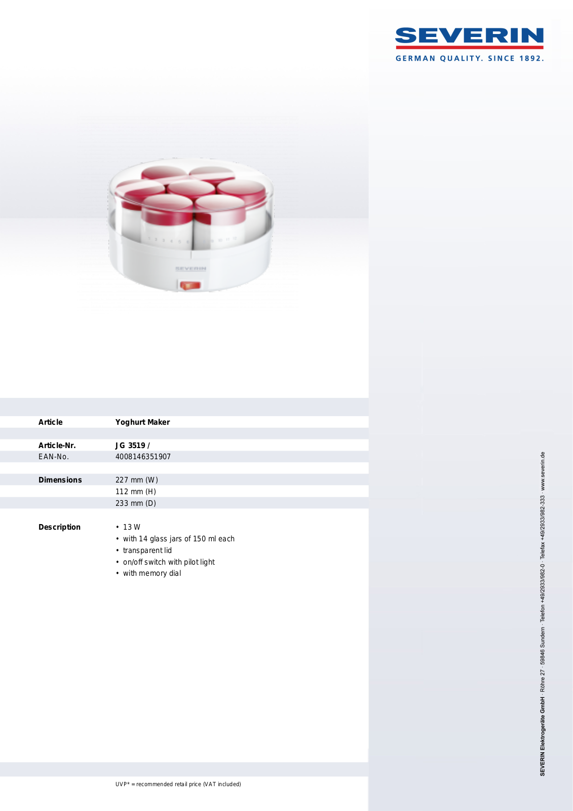 Severin JG 3519, YOGHURT MAKER User Manual