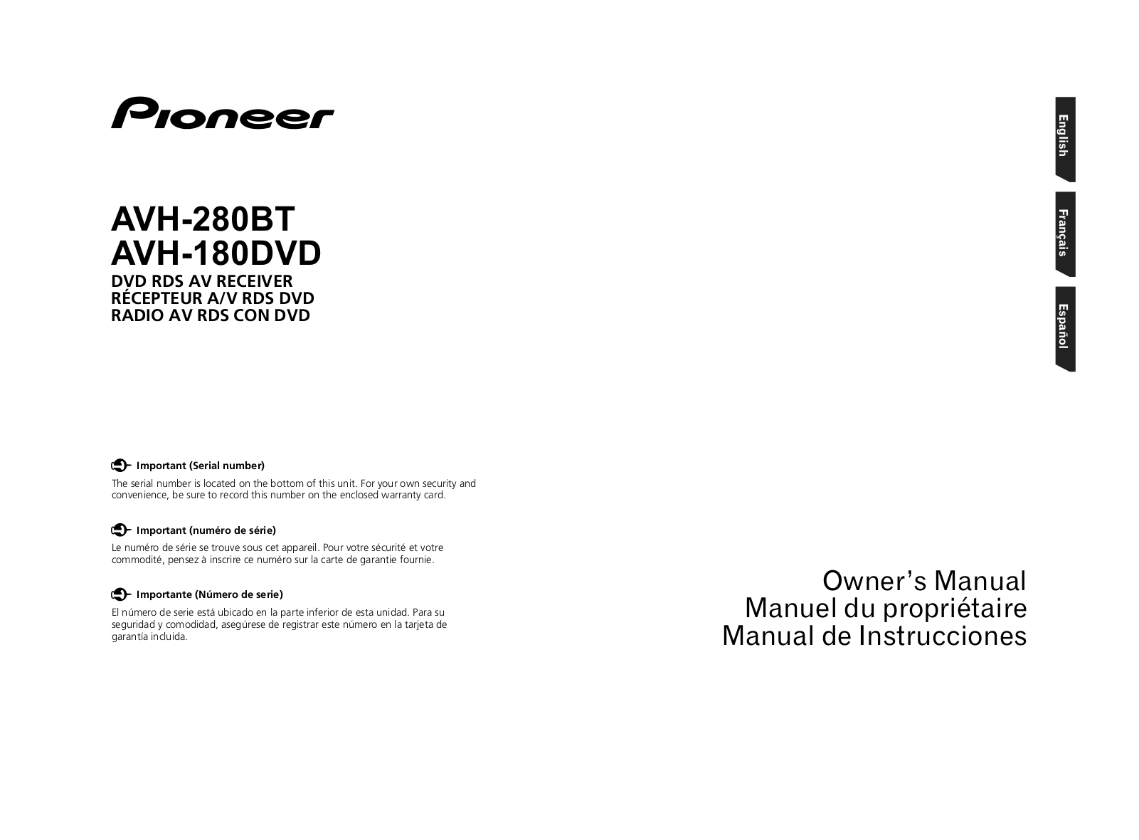 Pioneer AVH-180DVD, AVH-280BT Owner's Manual