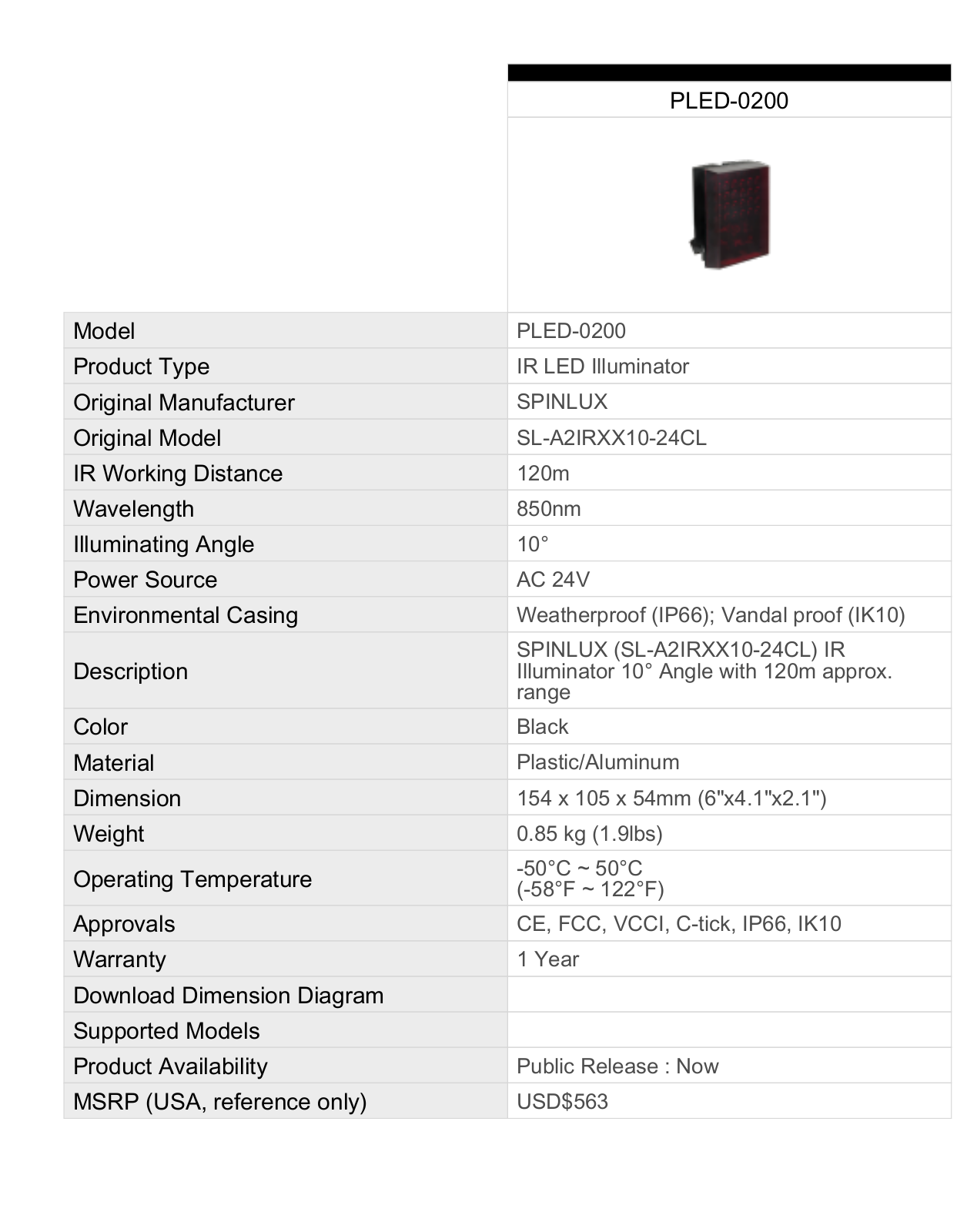 ACTi PLED-0200 Specsheet