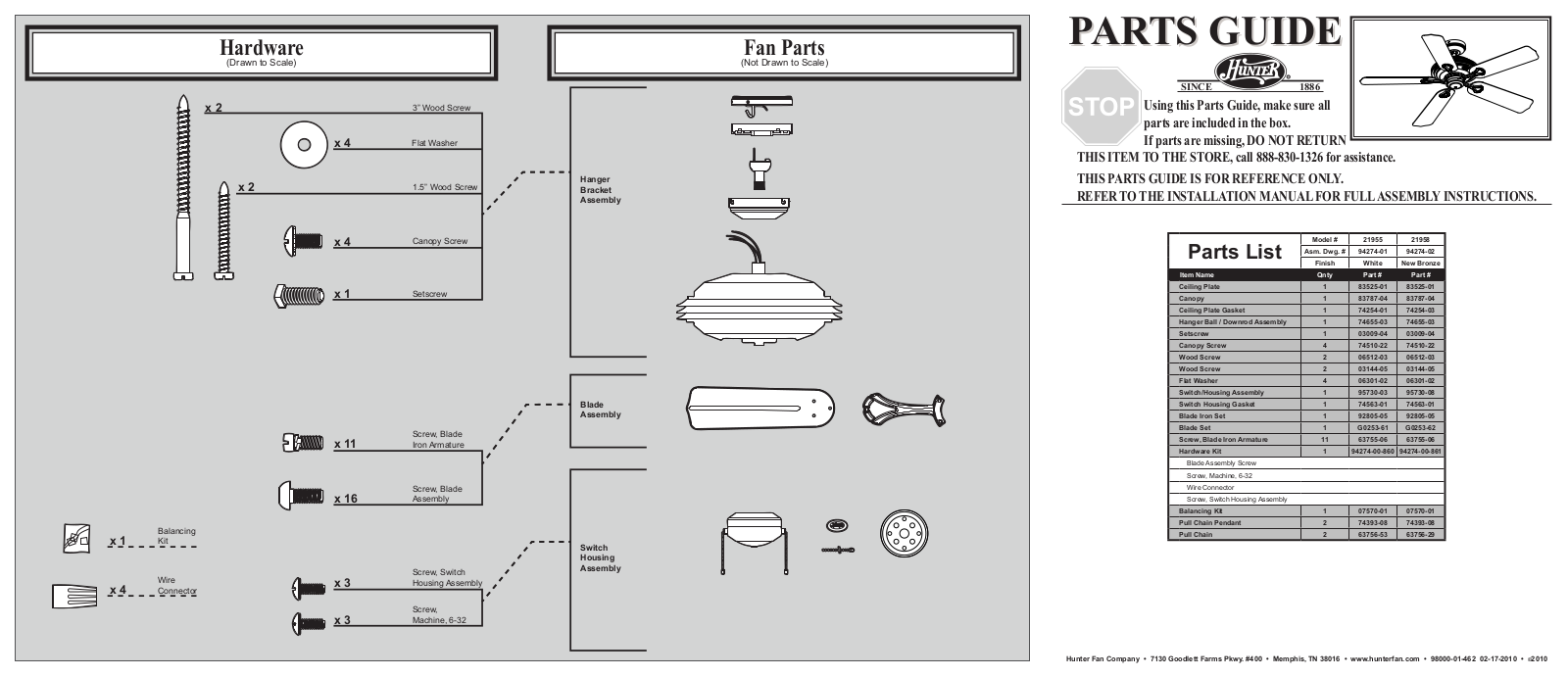 Hunter 21955, 21958 Parts Guide