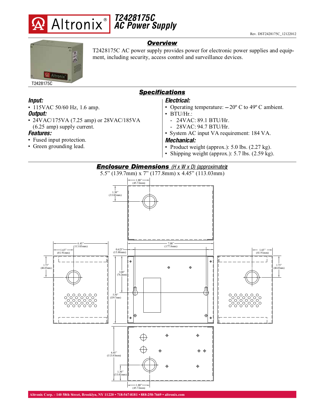 Altronix T2428175C Specsheet