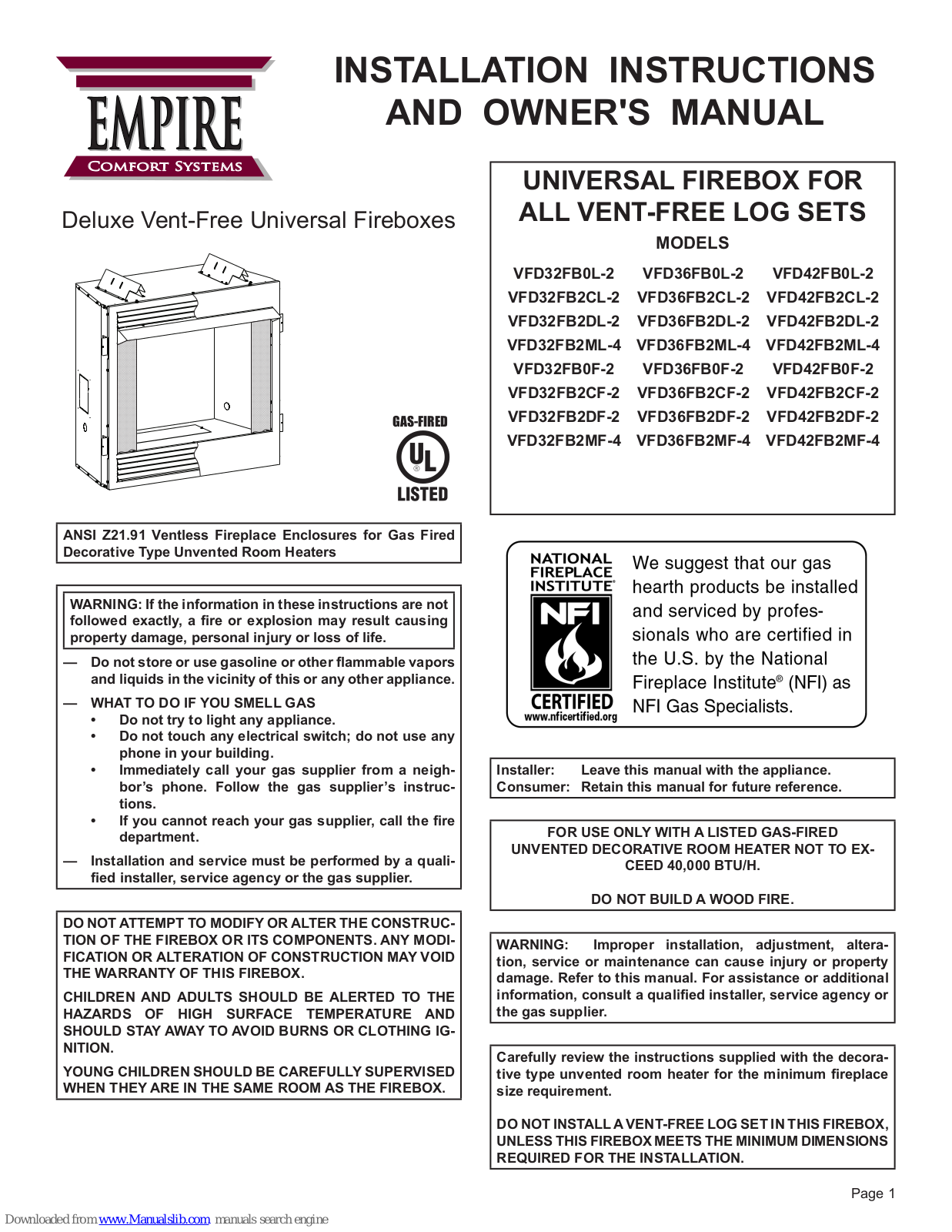 Empire Comfort Systems VFD36FB0L-2, VFD36FB2CL-2, VFD42FB0L-2, VFD32FB2CL-2, VFD32FB2DL-2 Installation Instructions And Owner's Manual