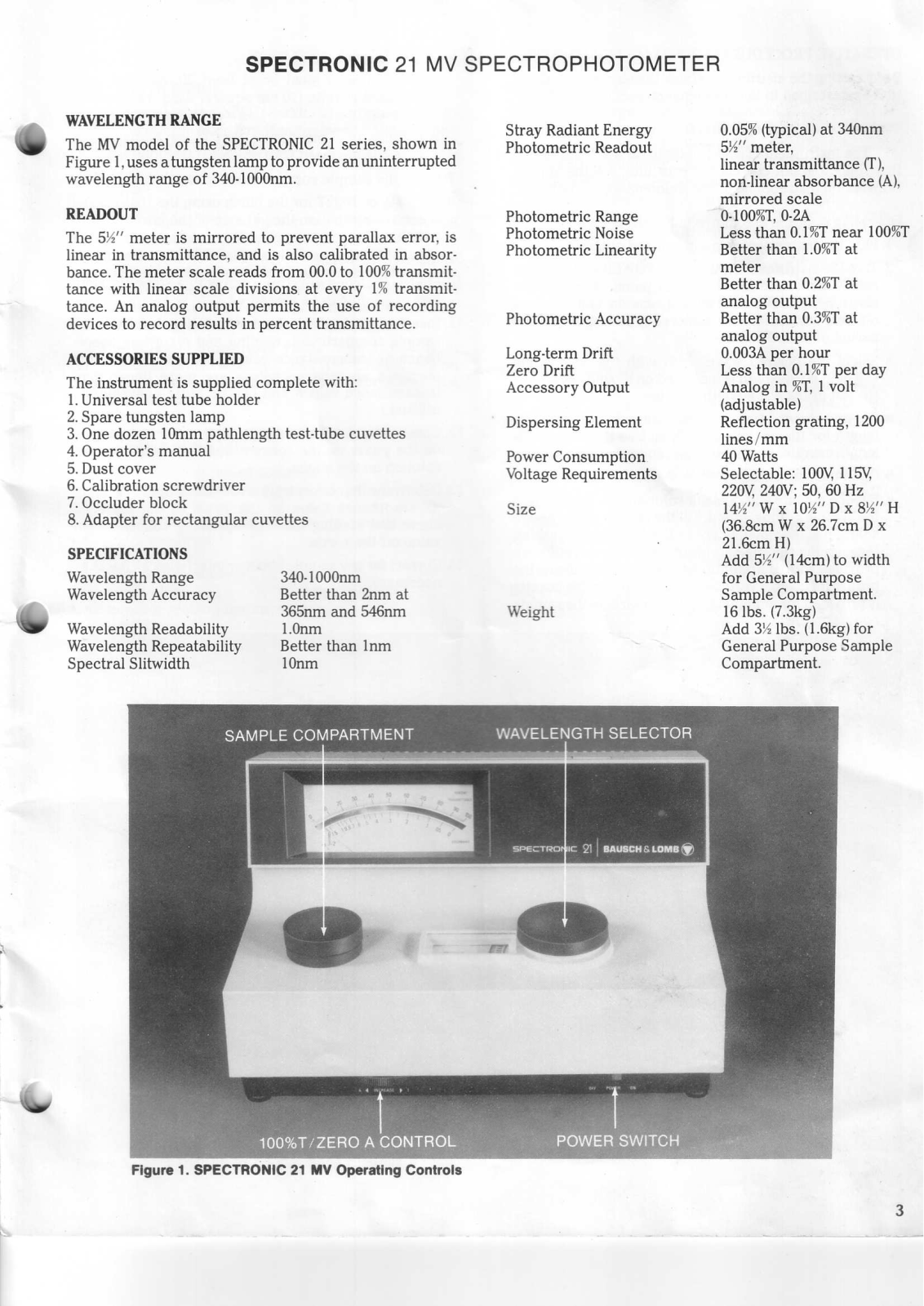 Bausch and Lomb Spectronic 21 MV User manual