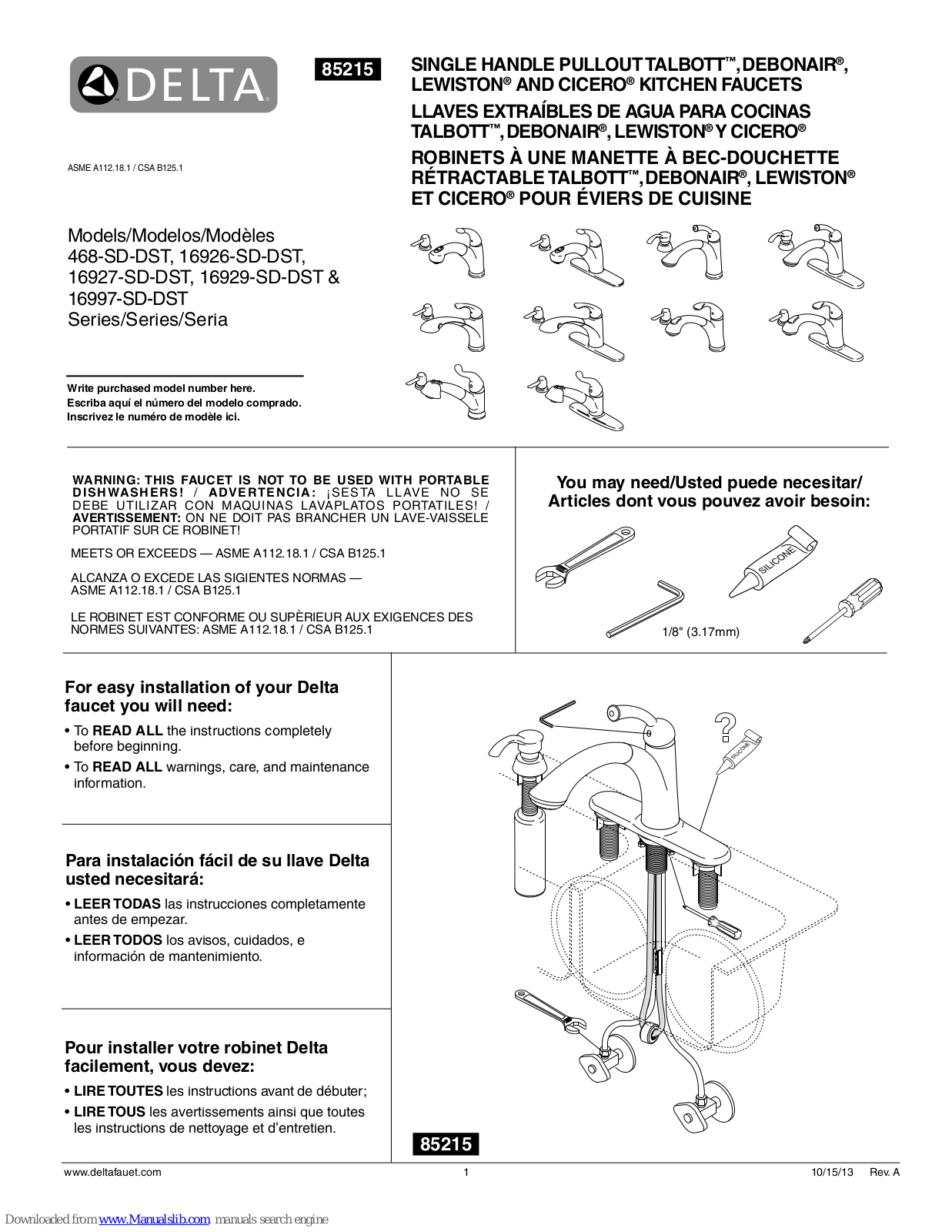 Delta 468-SD-DST series, 16927-SD-DST series, 16926-SD-DST series, 16929-SD-DST series, 16997-SD-DST series Instructions Manual