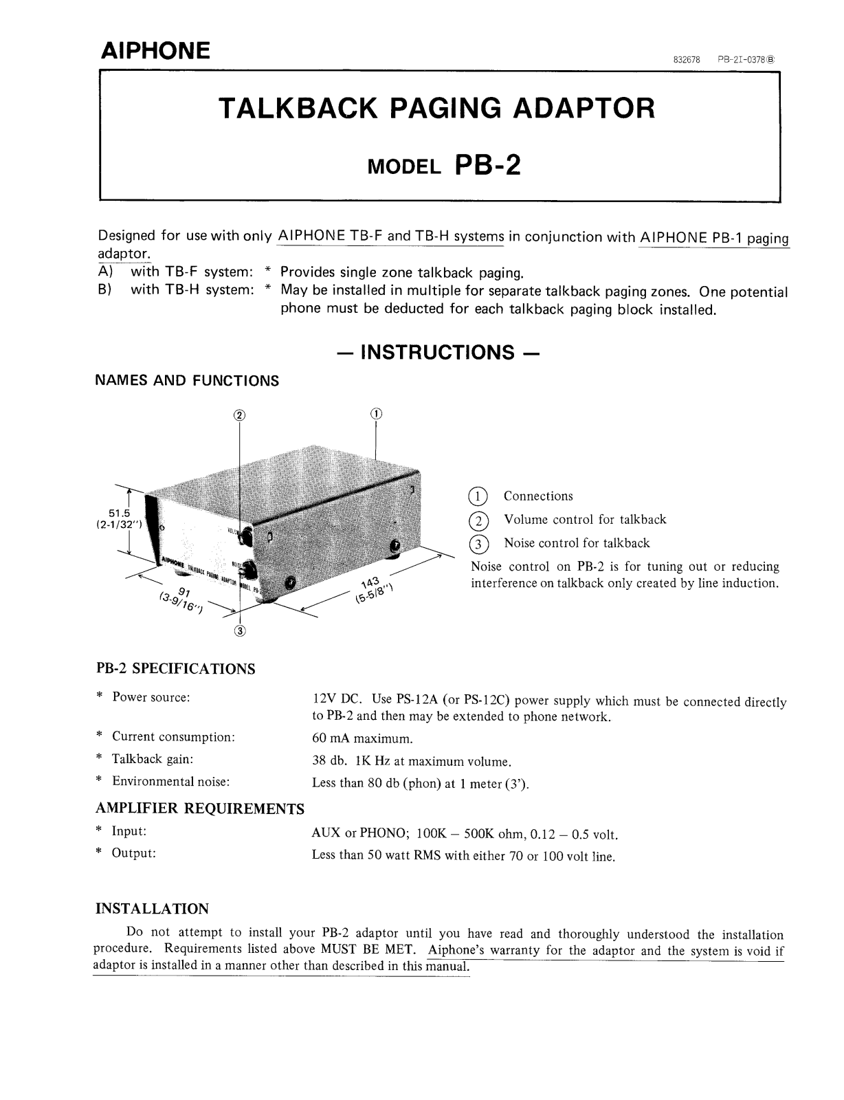 Aiphone PB-2 INSTALLATION INSTRUCTIONS