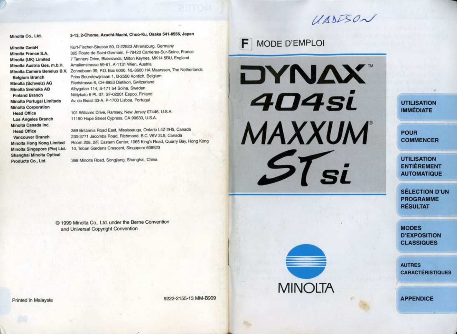 MINOLTA Dynax 3, Dynax 404SI User Manual
