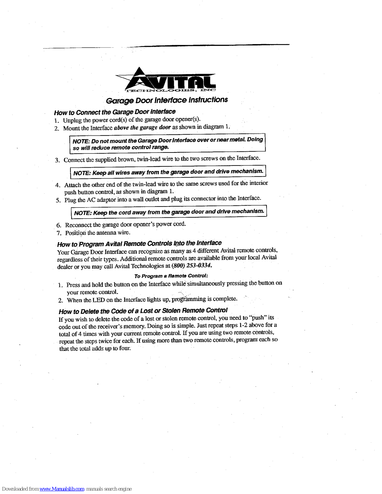 Avital 5710, Garage Door Interface User Manual