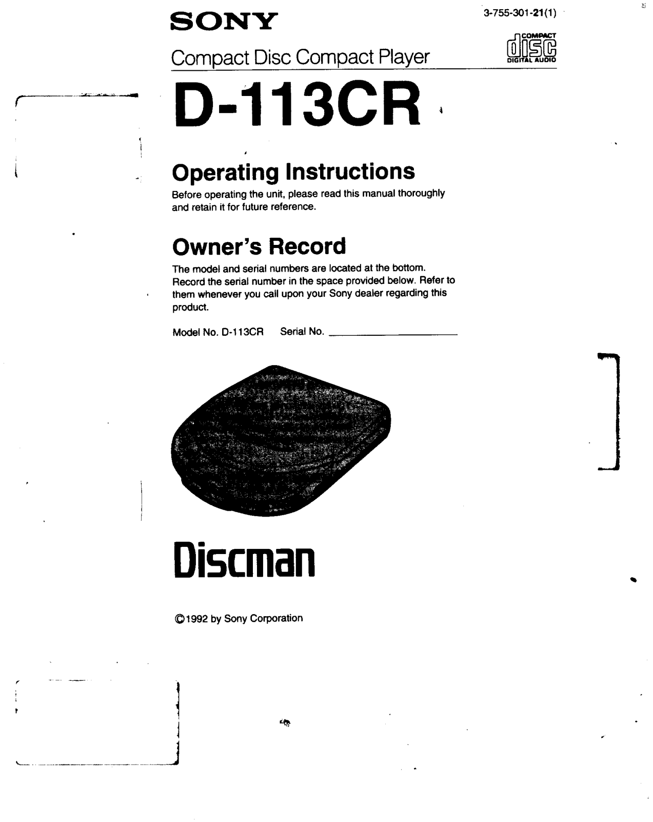 Sony D113CR Operating Instructions