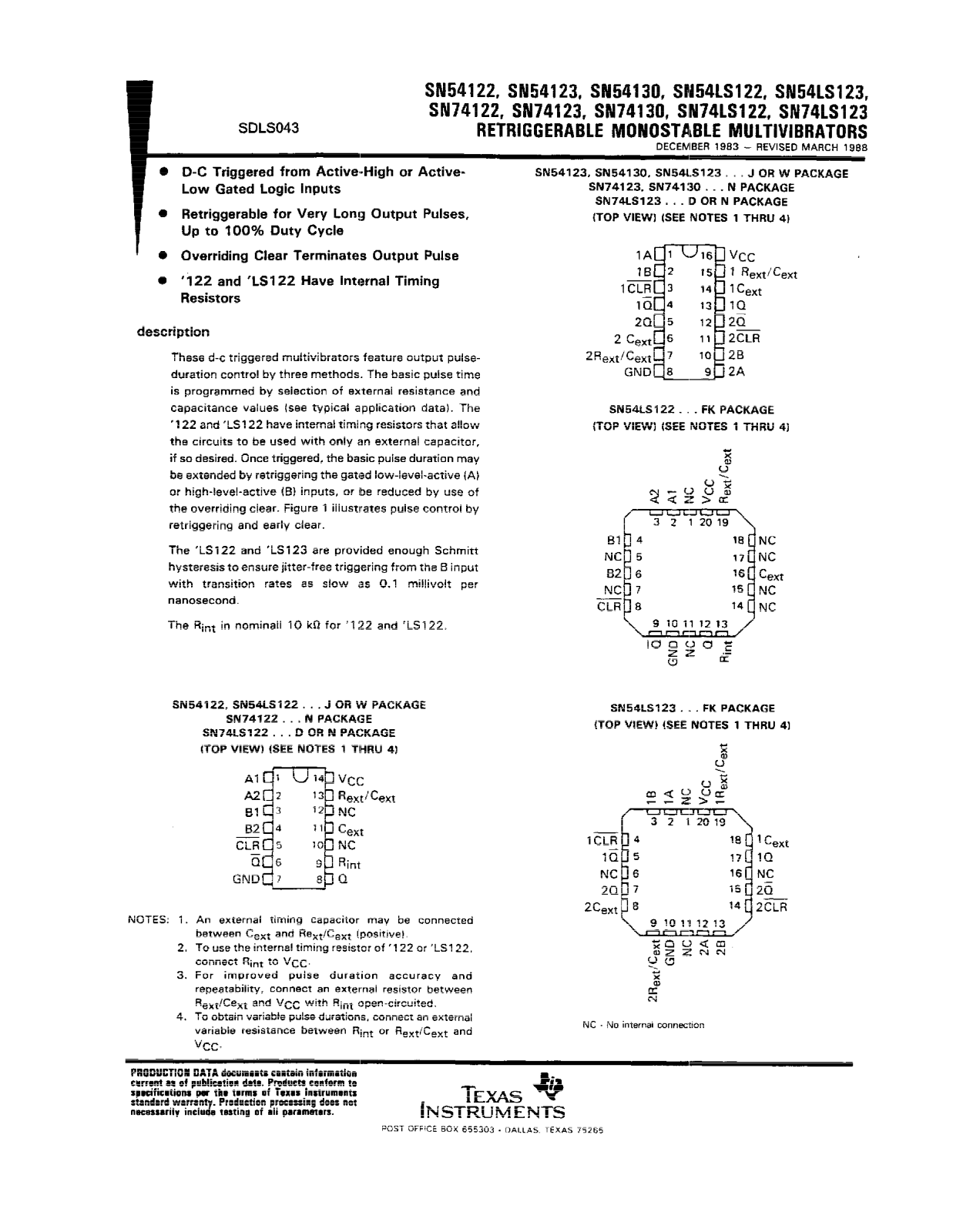 Texas Instruments SN74LS123NSR Datasheet