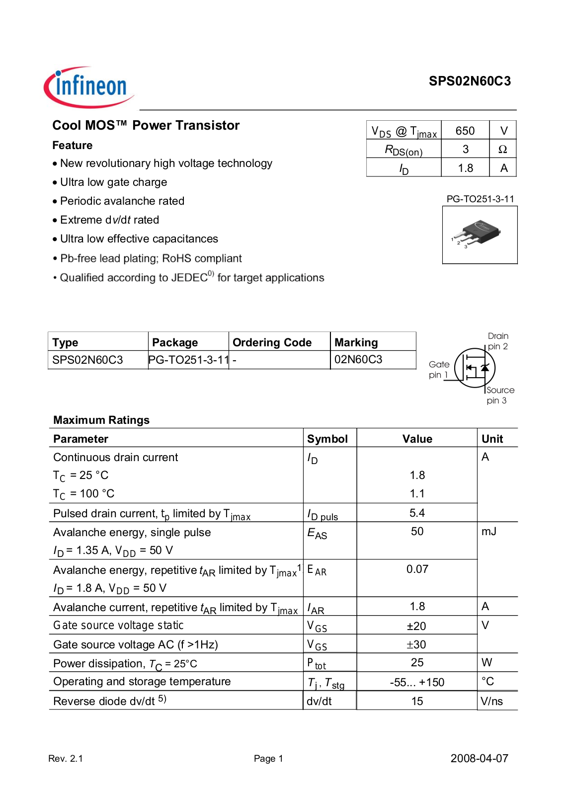 INFINEON SPS02N60C3 User Manual