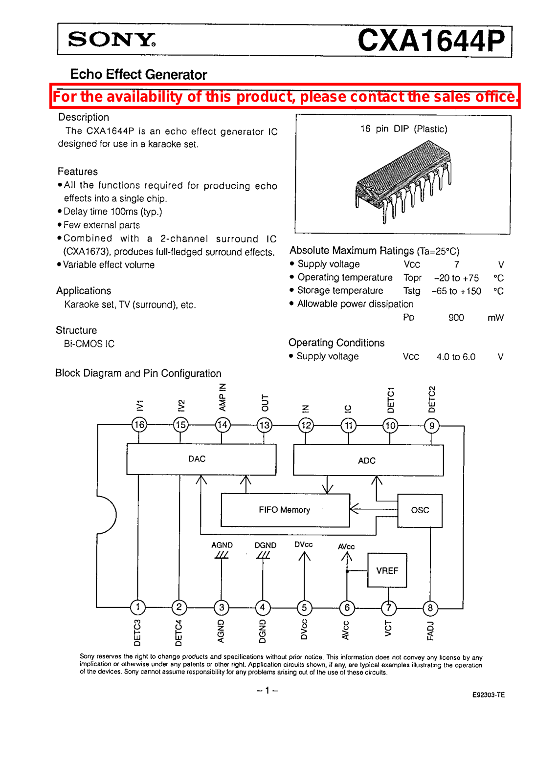 Sony CXA1644P Datasheet