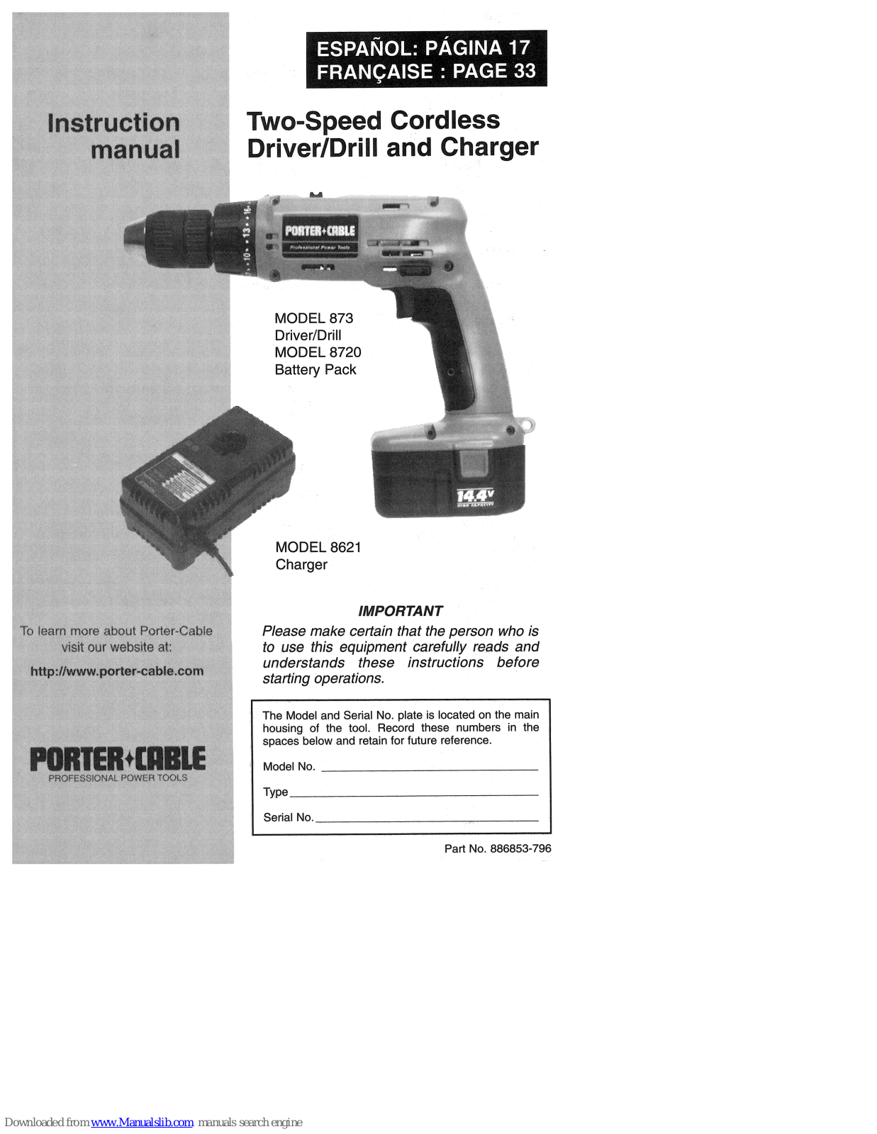 Porter-Cable 873, 8621 Instruction Manual