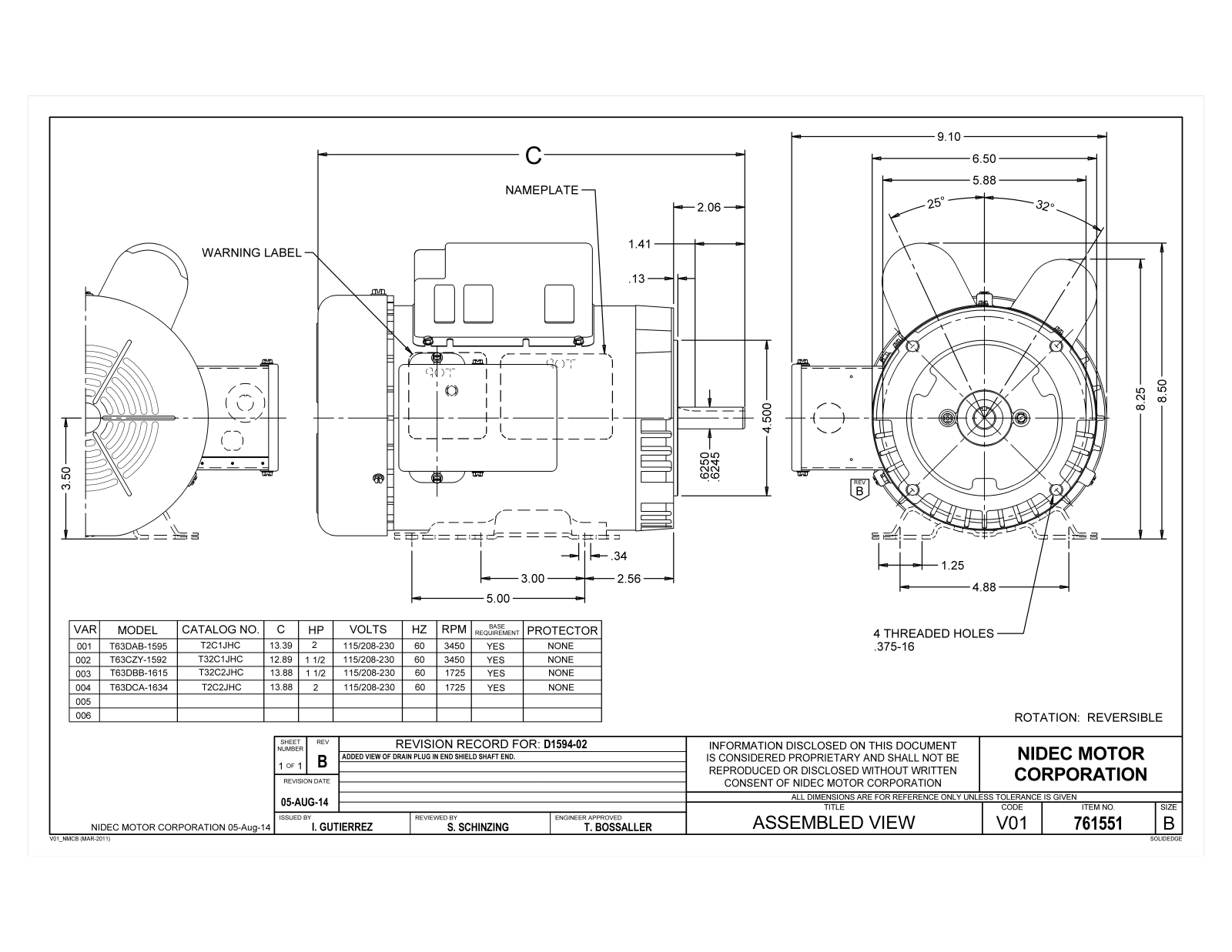 US Motors T2C2JHC, T2C1JHC, T32C2JHC, T32C1JHC Dimensional Sheet