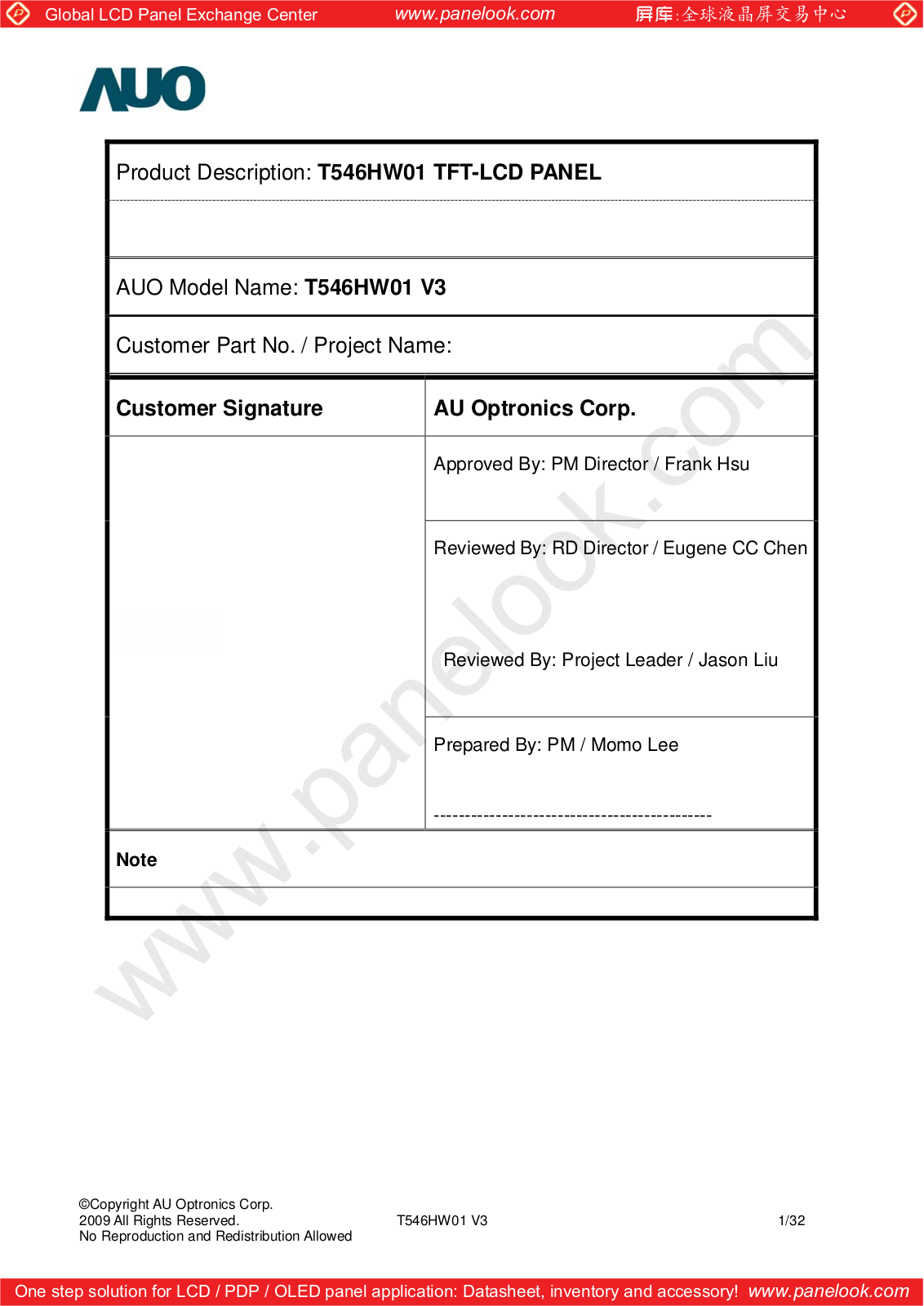 AUO T546HW01 V3 Specification