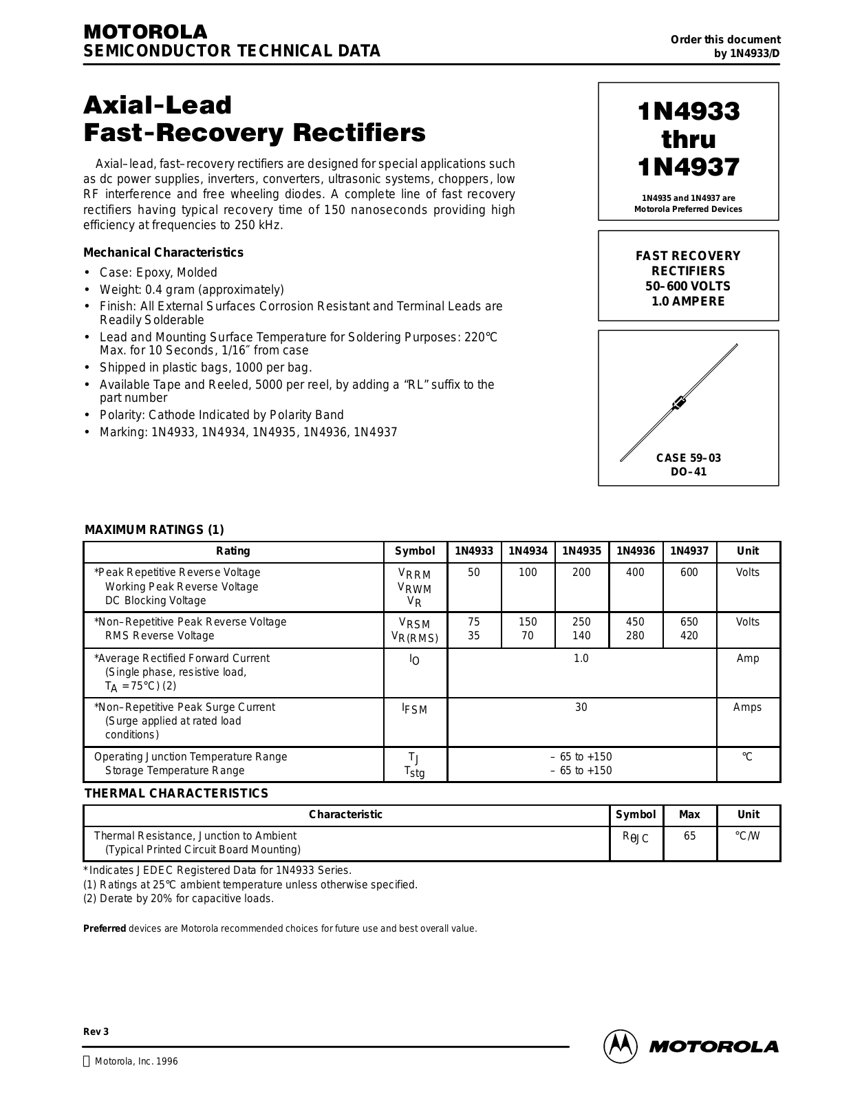 Motorola 1N4937, 1N4936, 1N4935, 1N4934, 1N4933 Datasheet