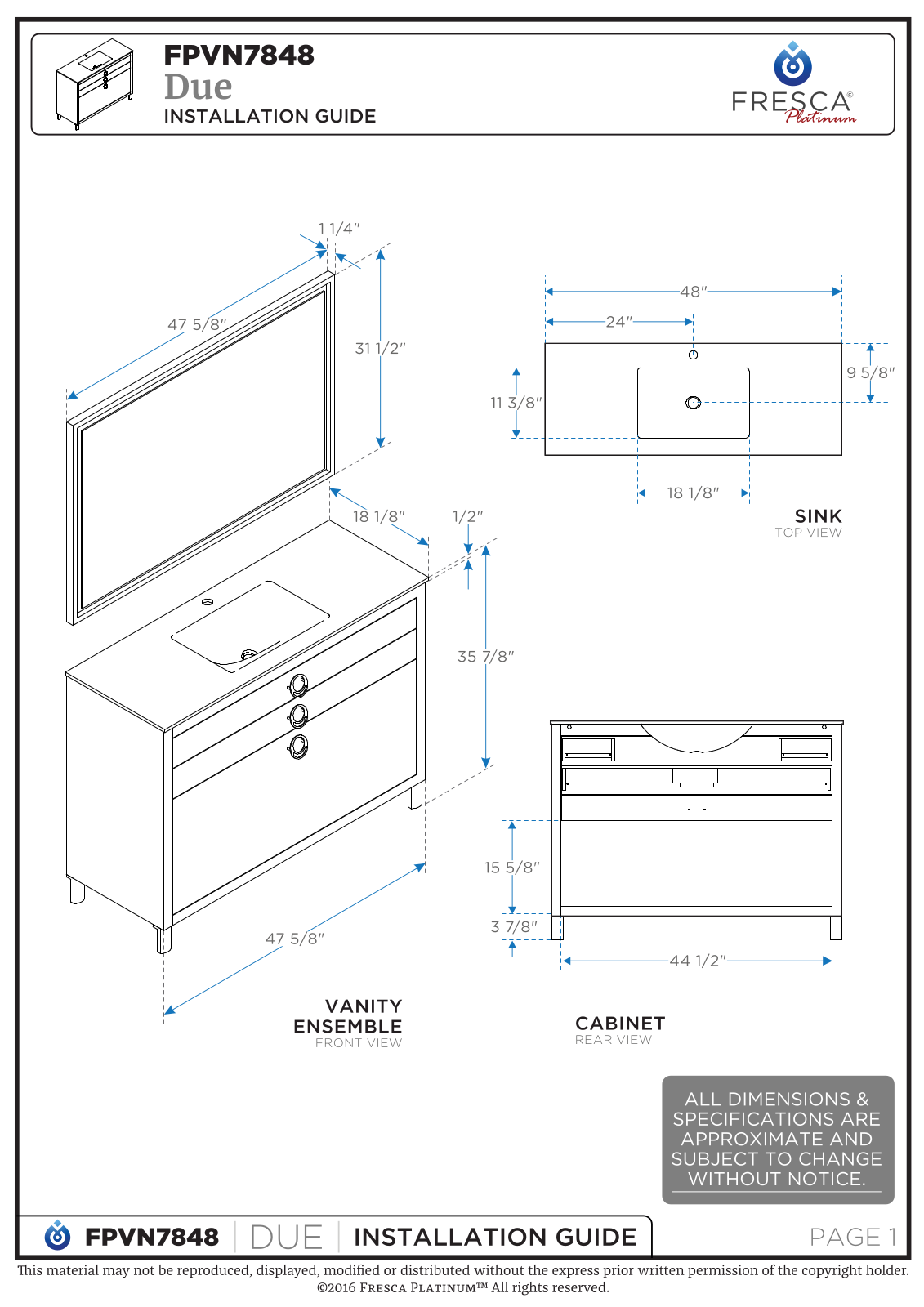 Fresca FPVN7848WH, FPVN7848CB Installation Manual