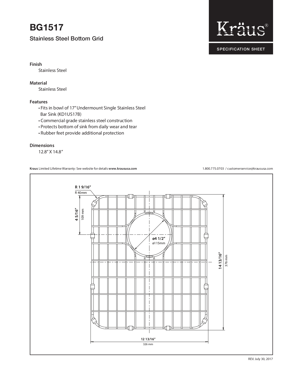 Kraus BG1517 Specs