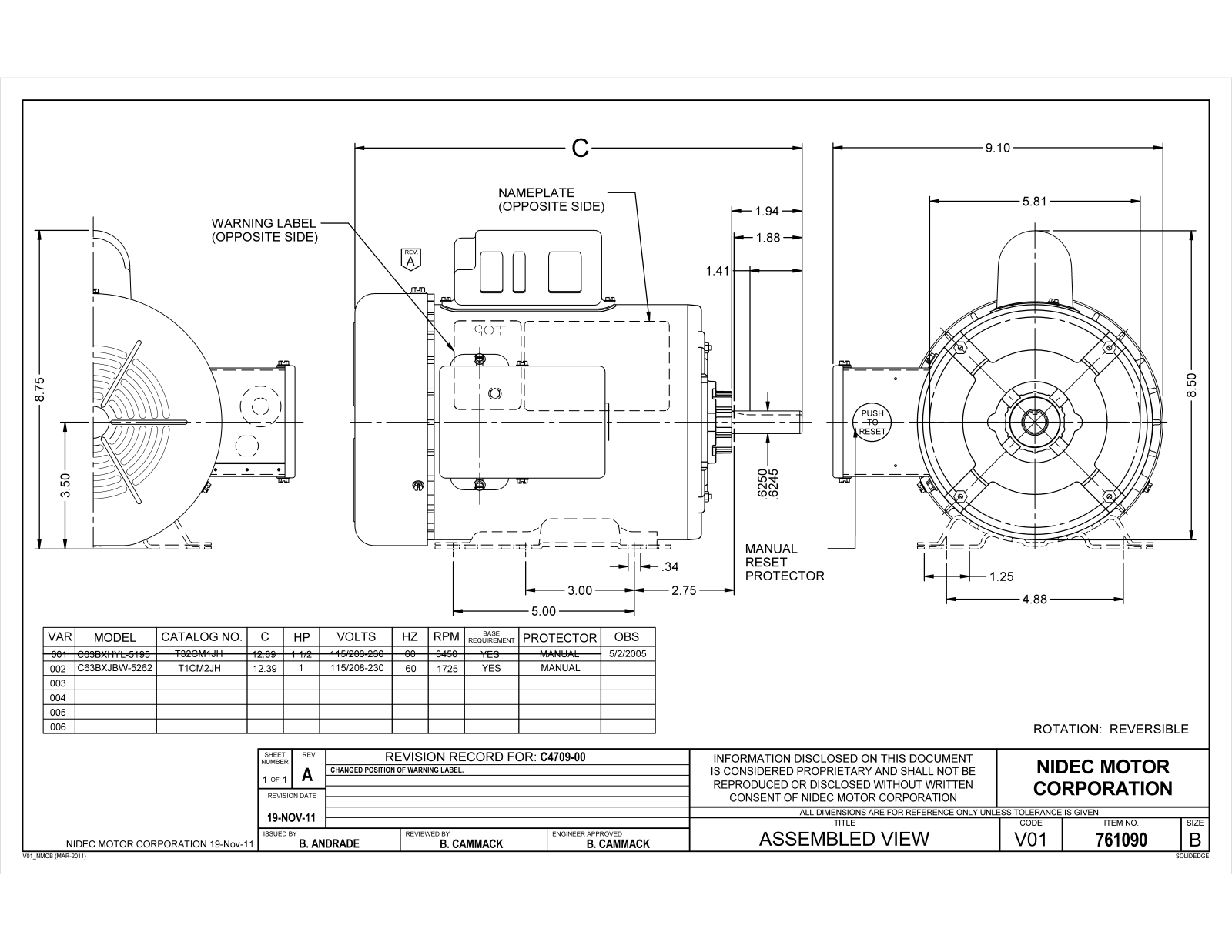 US Motors T1CM2JH Dimensional Sheet