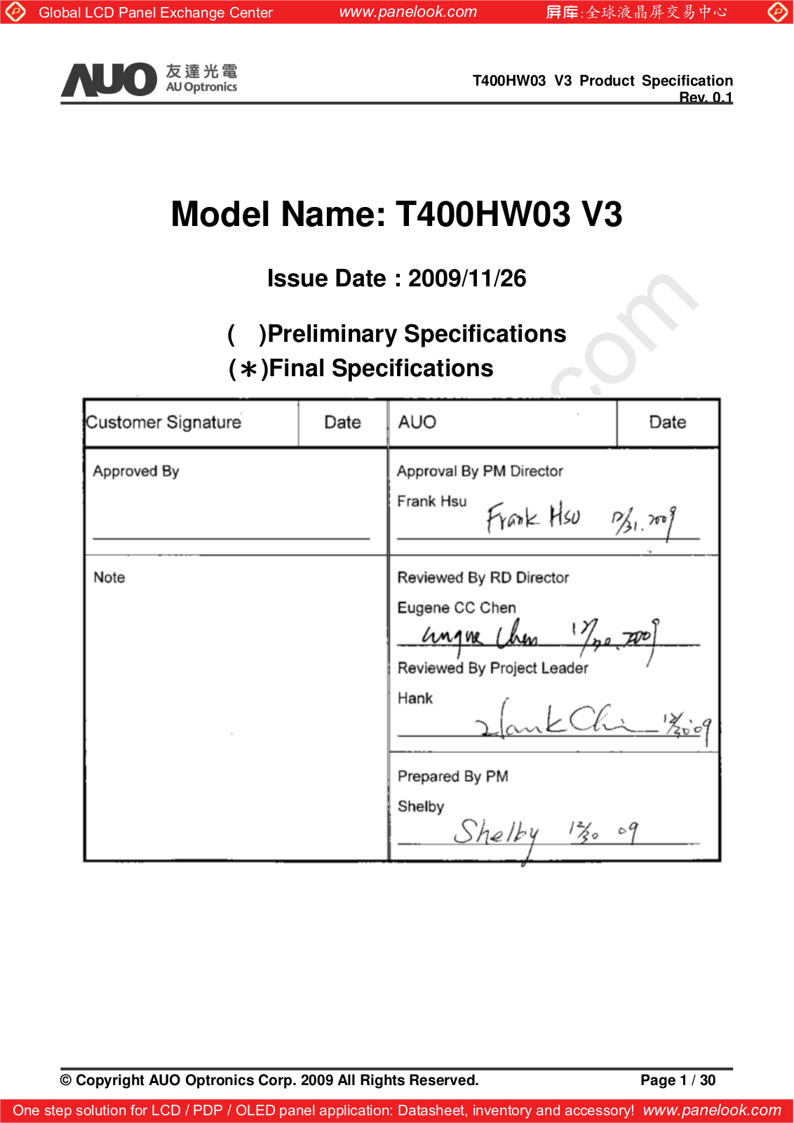 AUO T400HW03 V3 Specification