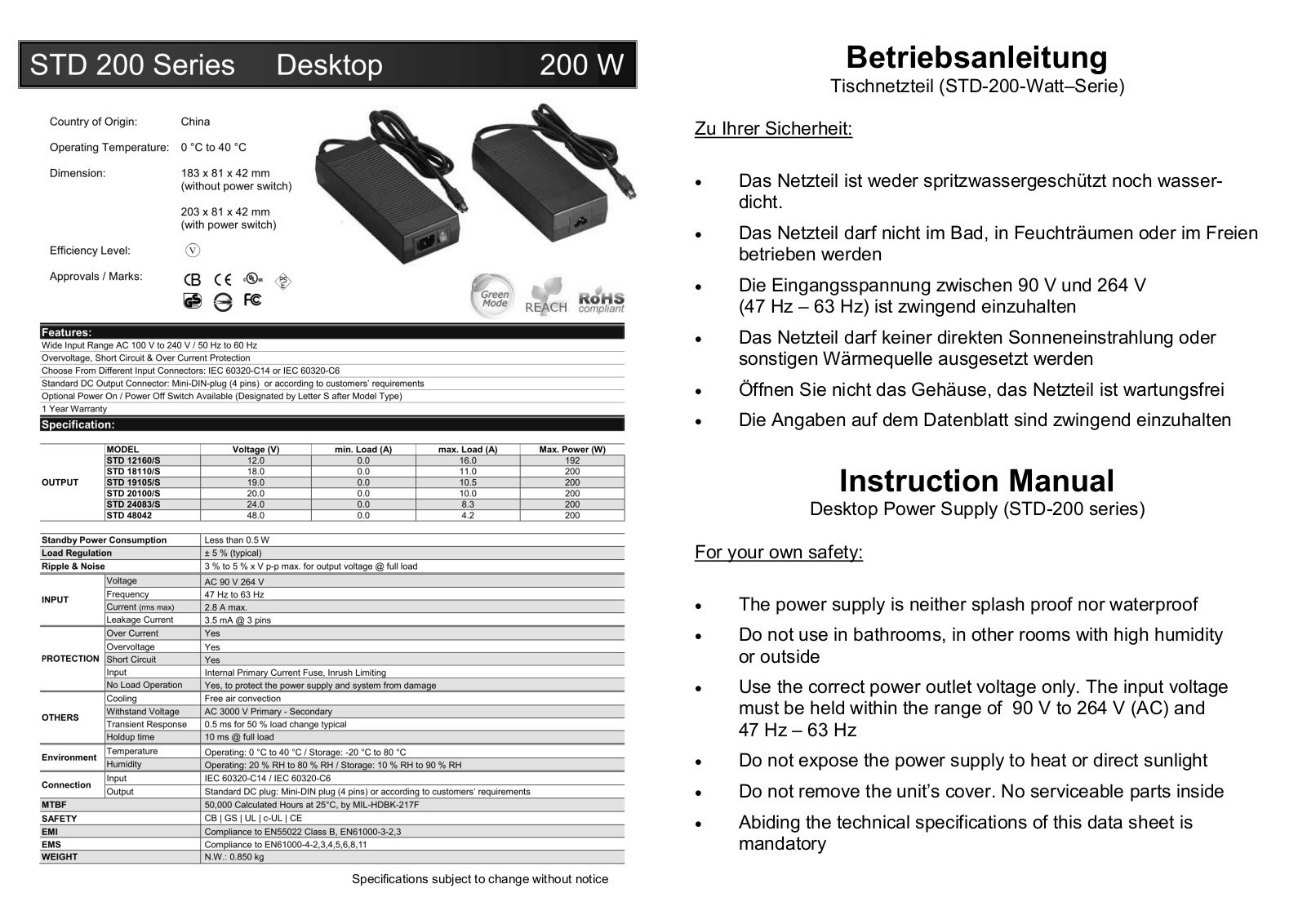 Dehner Elektronik STD 200 Series Operating Instructions