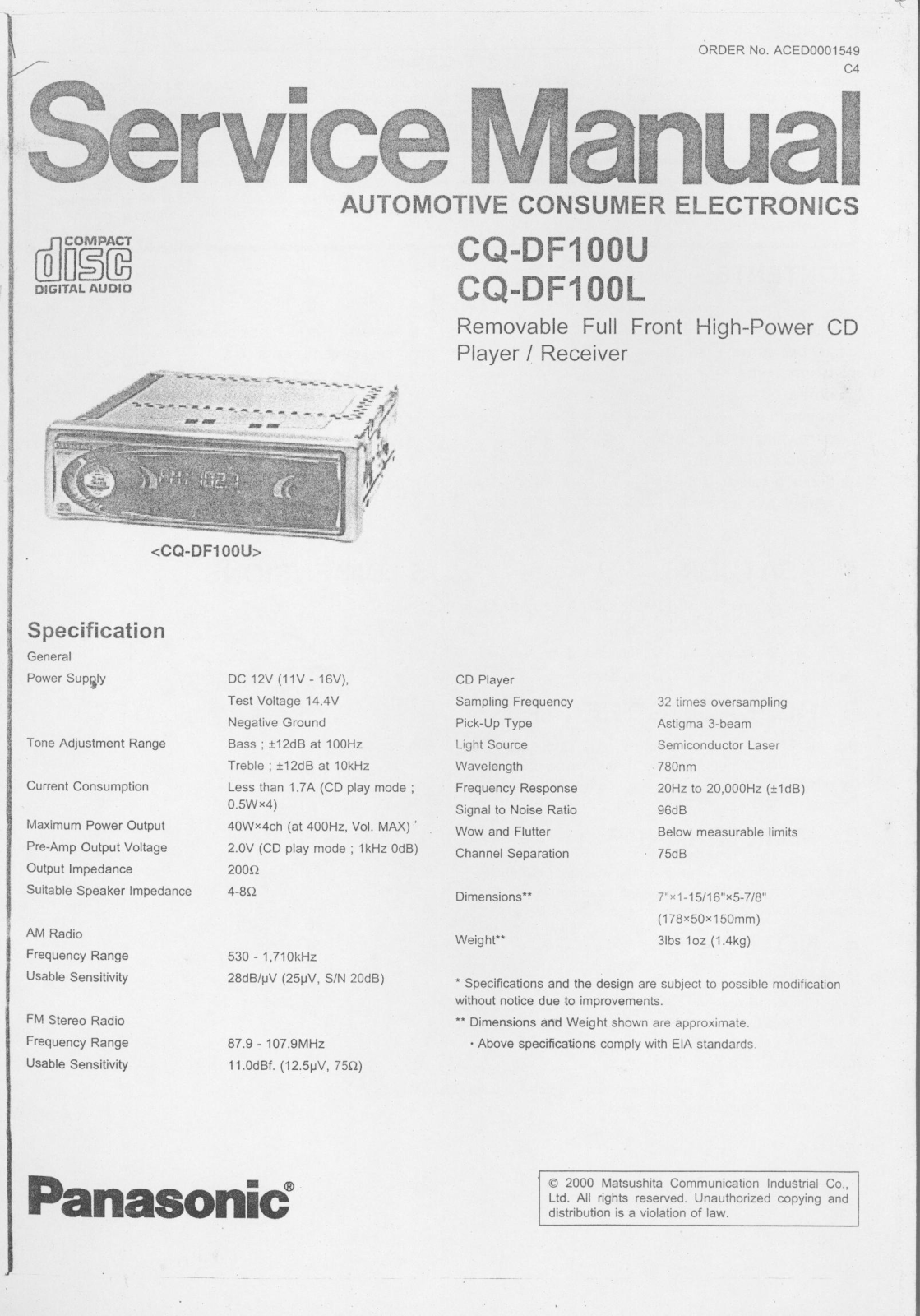 Panasonic CQDF-100-L Service manual