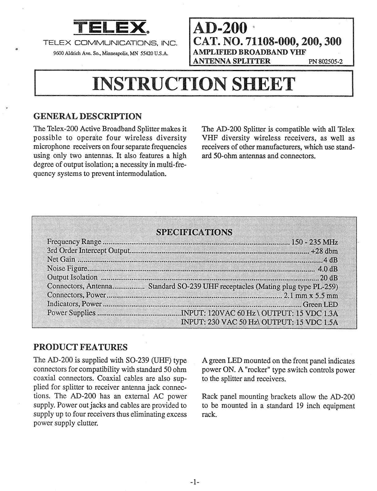 Electro-voice AD-200 User Manual