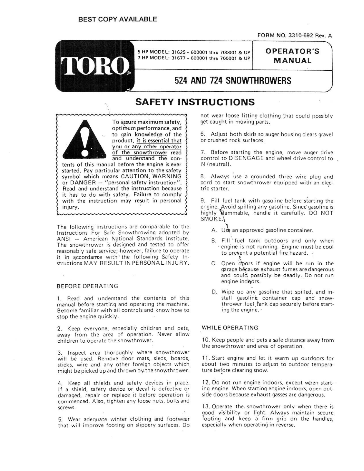 Toro 31625, 31677 Operator's Manual