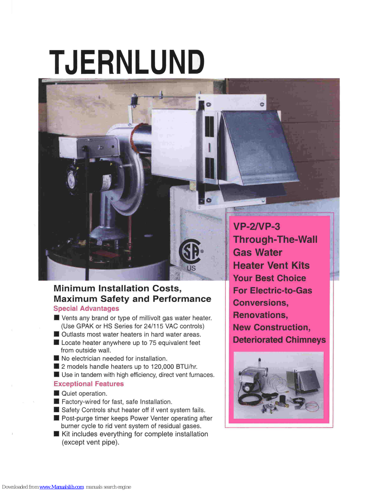 TJERNLUND VP-3 MILLIVOLT WATER HEATER VENT SYSTEMS 8500567 REV. B 0702, VP-3 User Manual