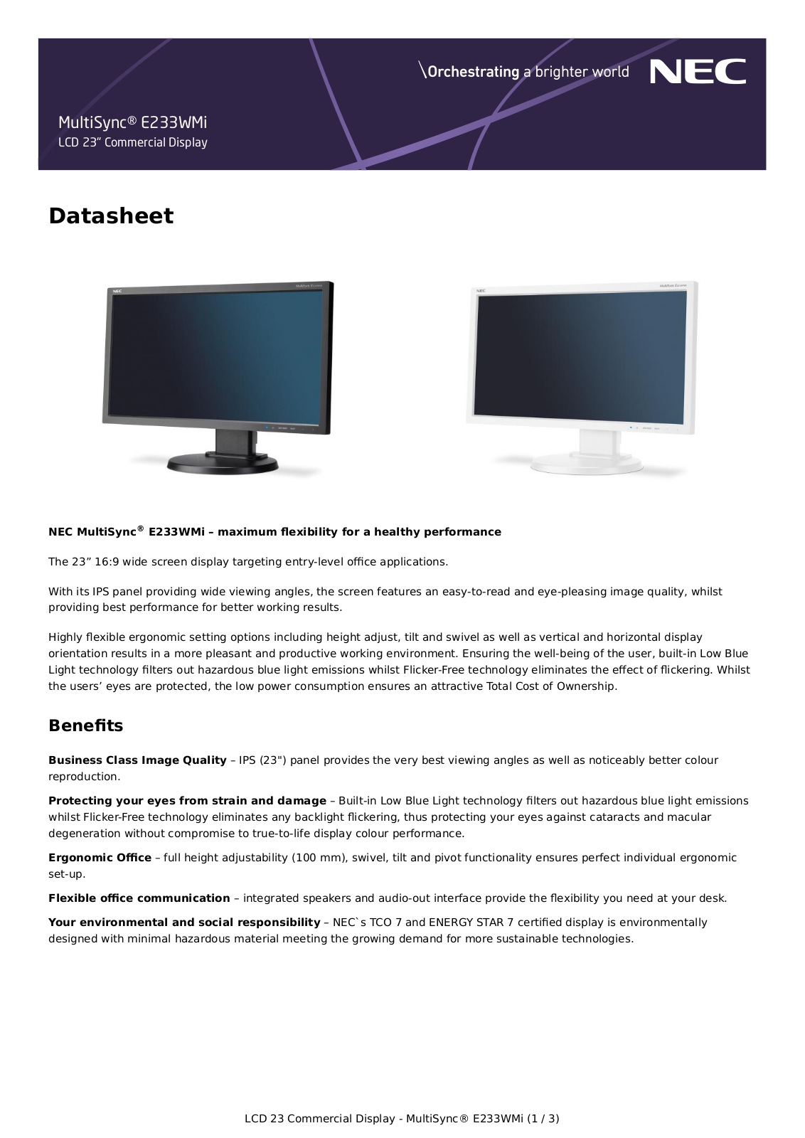 NEC E233WMi-WH Datenblatt