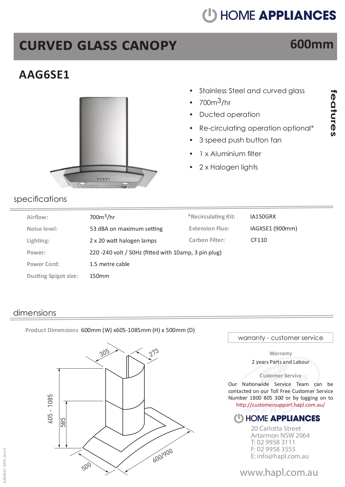 Arc AAG6SE1 Specifications Sheet