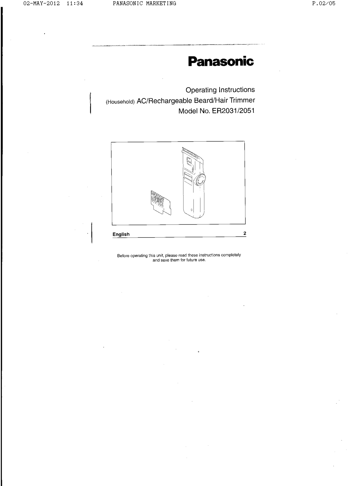 Panasonic ER2031, ER2051 User Manual