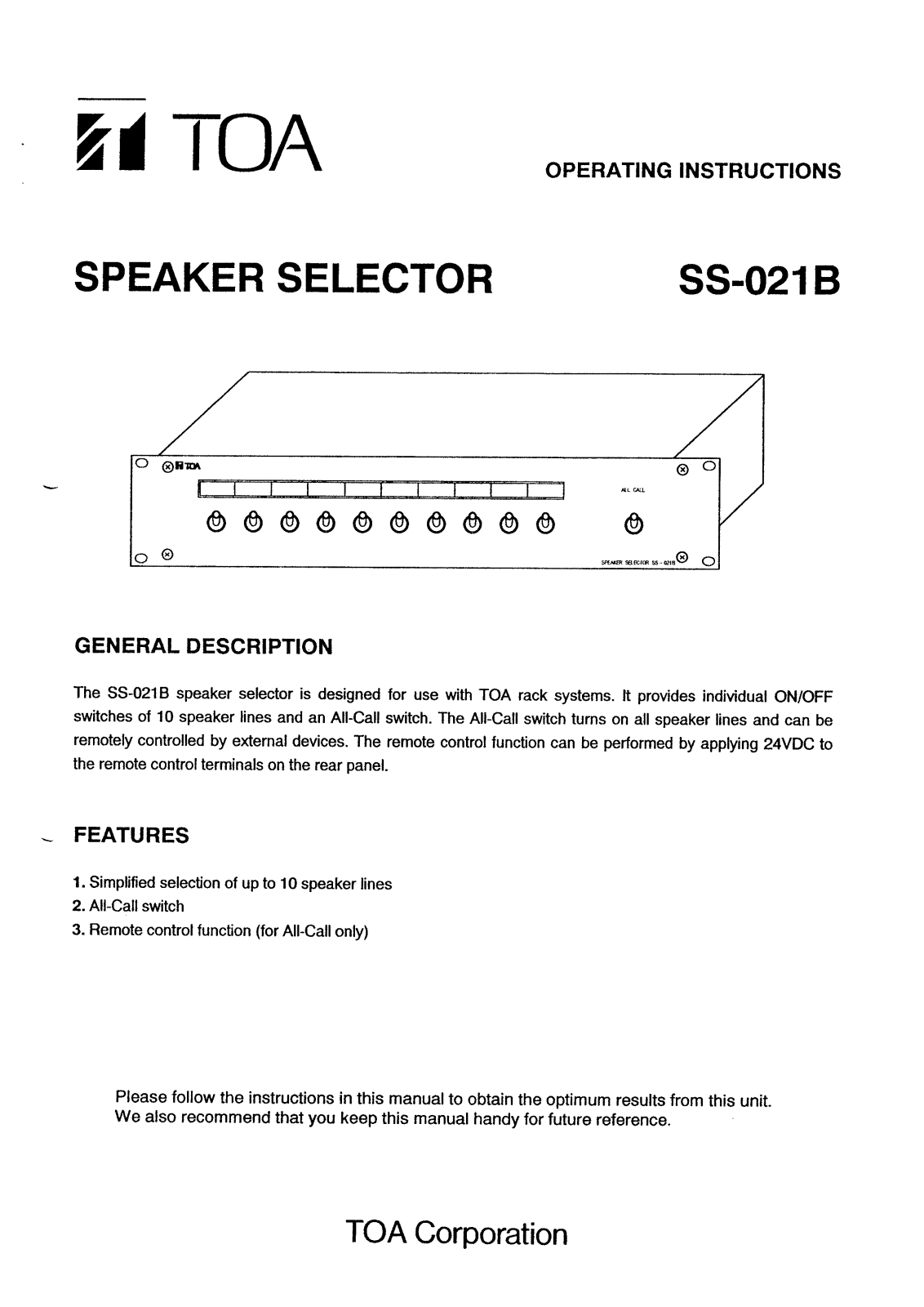 Toa SS-021B Operating Instructions Manual