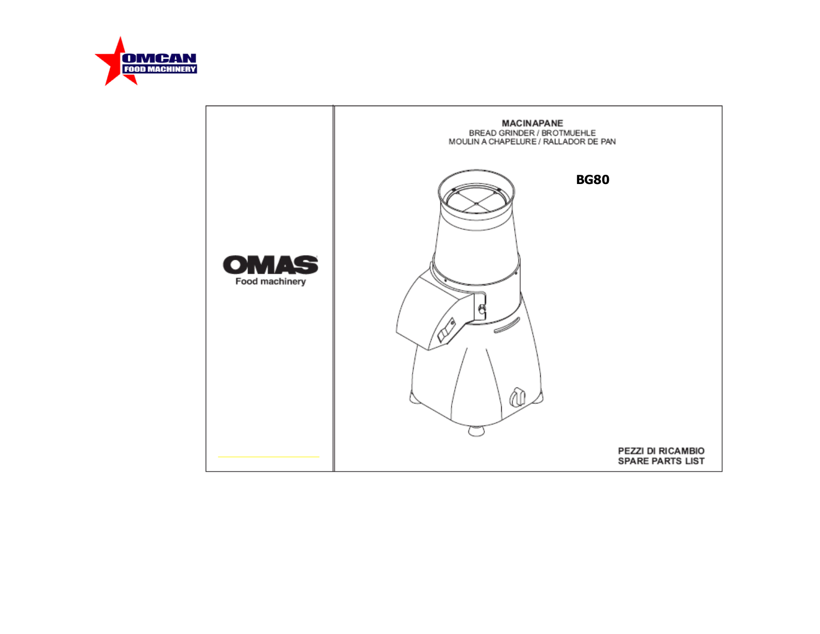 Omcan Food Machinery BG80 Parts List