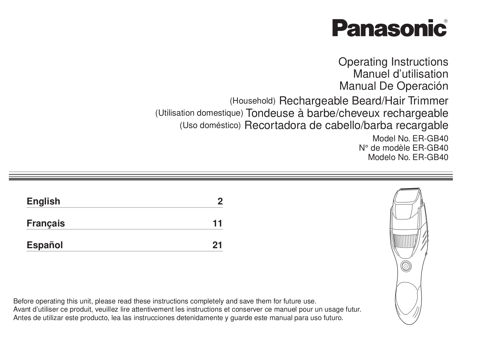 Panasonic ER-GB40 Operating Instruction