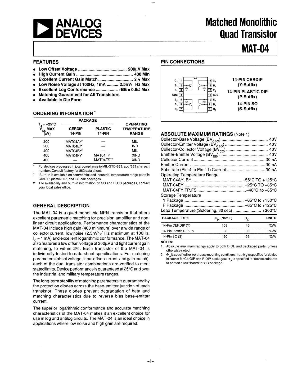 Analog Devices MAT04 Datasheet