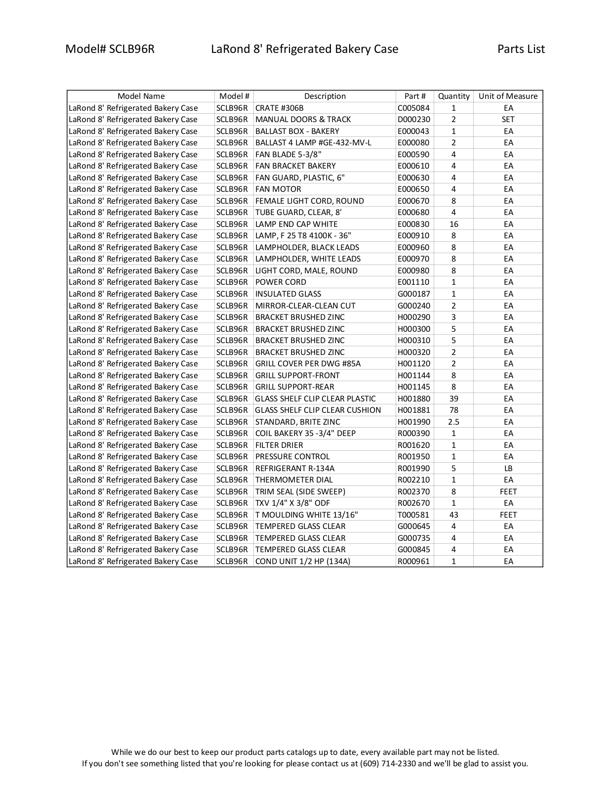 RPI Industries SCLB96R Parts List