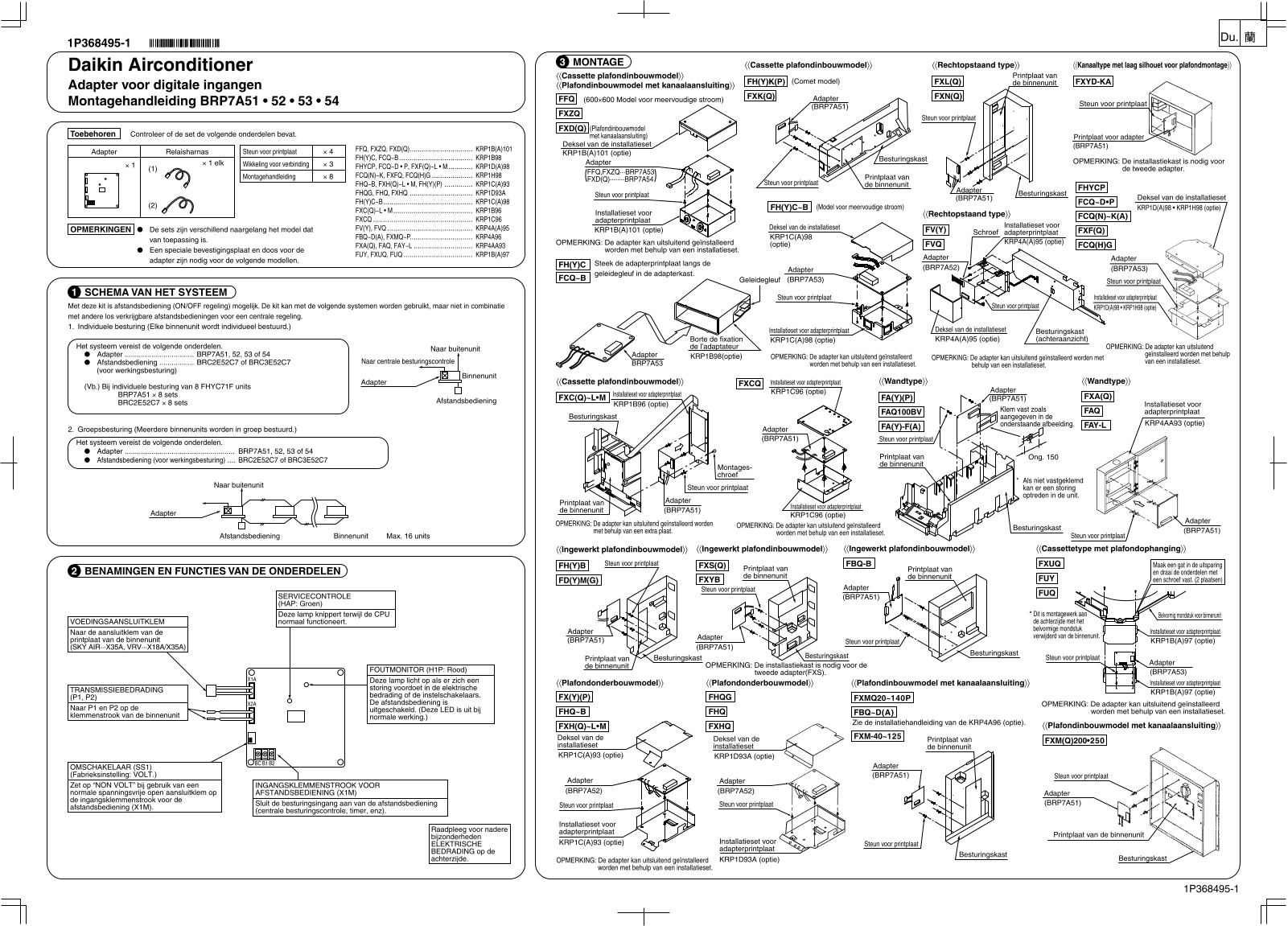 Daikin BRP7A51, BRP7A52, BRP7A53, BRP7A54 Installation manuals